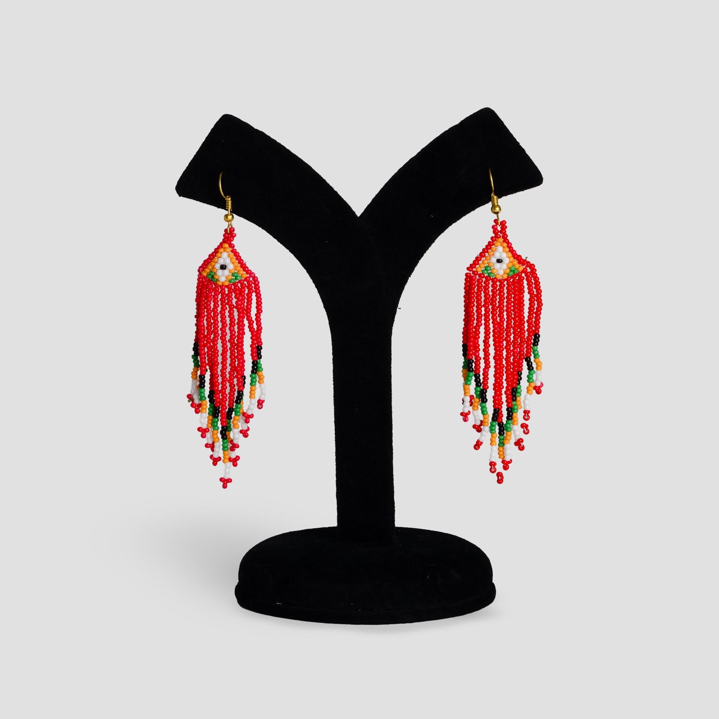 Handmade White and Red Seed Bead Long Necklace Bohemian Style with Fringe Earrings