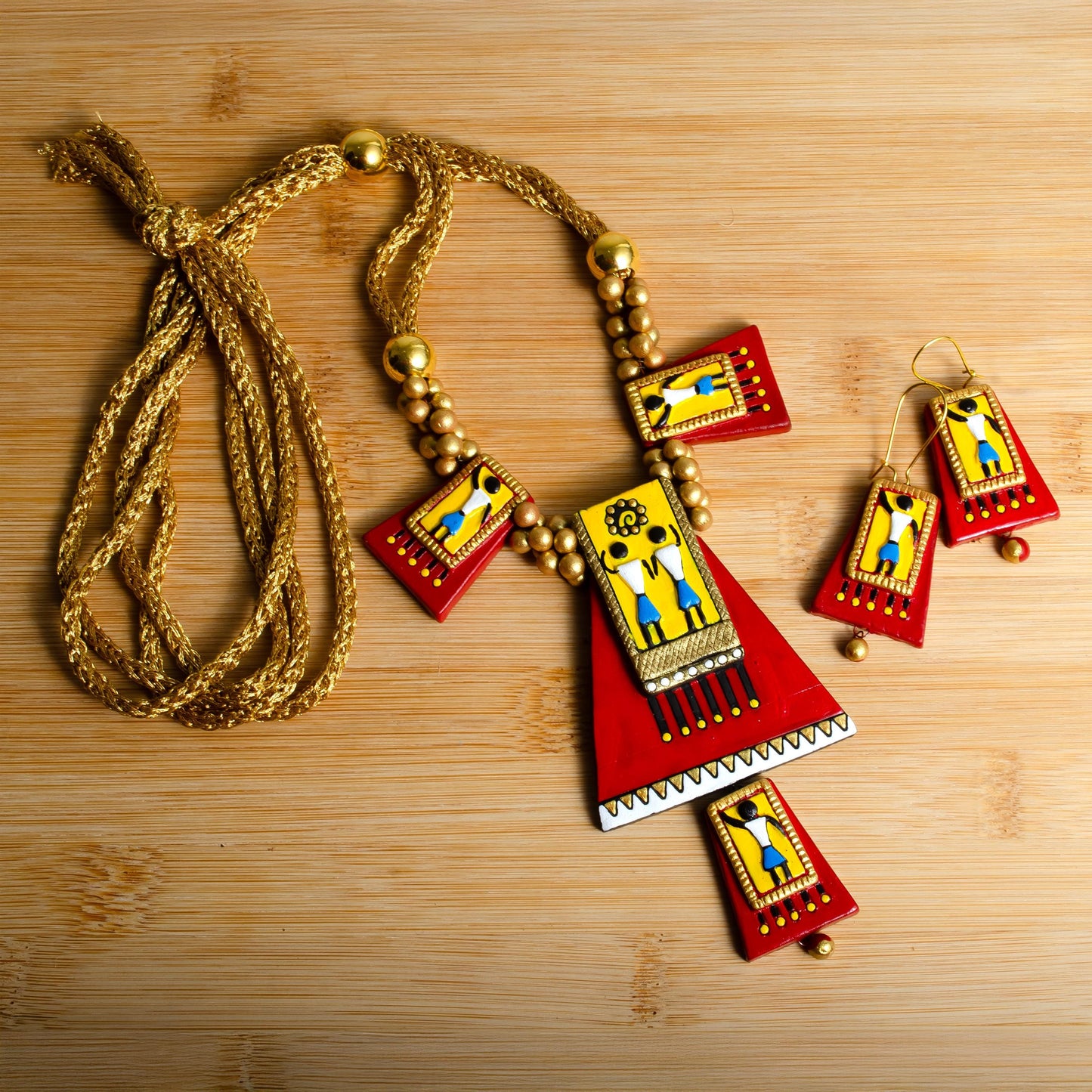 Red Clay Jewelry Set with Tribal Design Handmade Jewelry Statement Earrings Gifts for Her