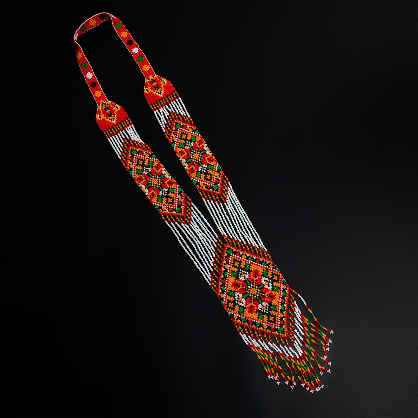 Handmade White and Red Seed Bead Long Necklace Bohemian Style with Fringe Earrings