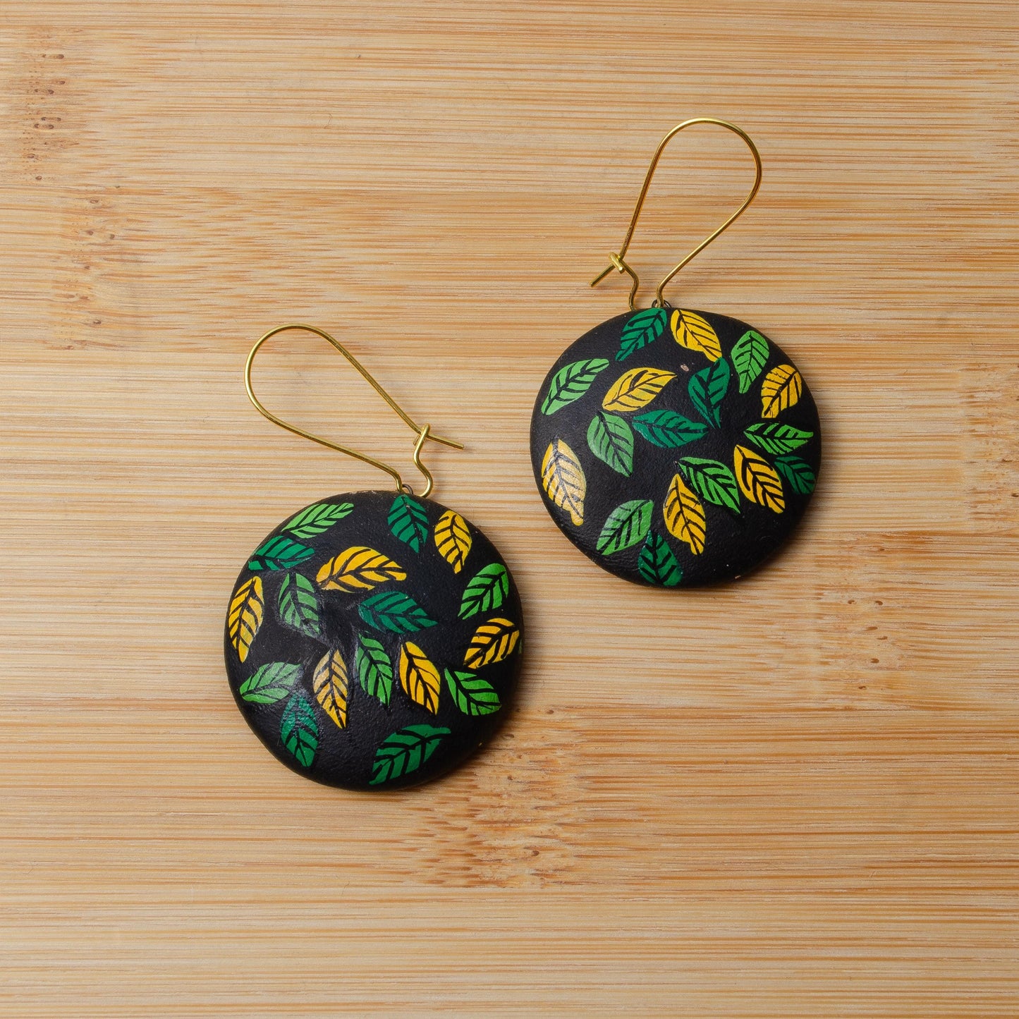 Mystical Leaf Earrings on Black Base Green Yellow Leaf Design Handmade Jewelry Unique Gift for Her Hypo allergic Jewelry Set