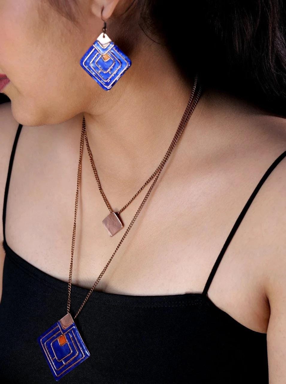 Rhombus Design Handmade Copper Earrings Geometric Minimalist Earring Modern Jewelry in Blue Valentine Gift For Her