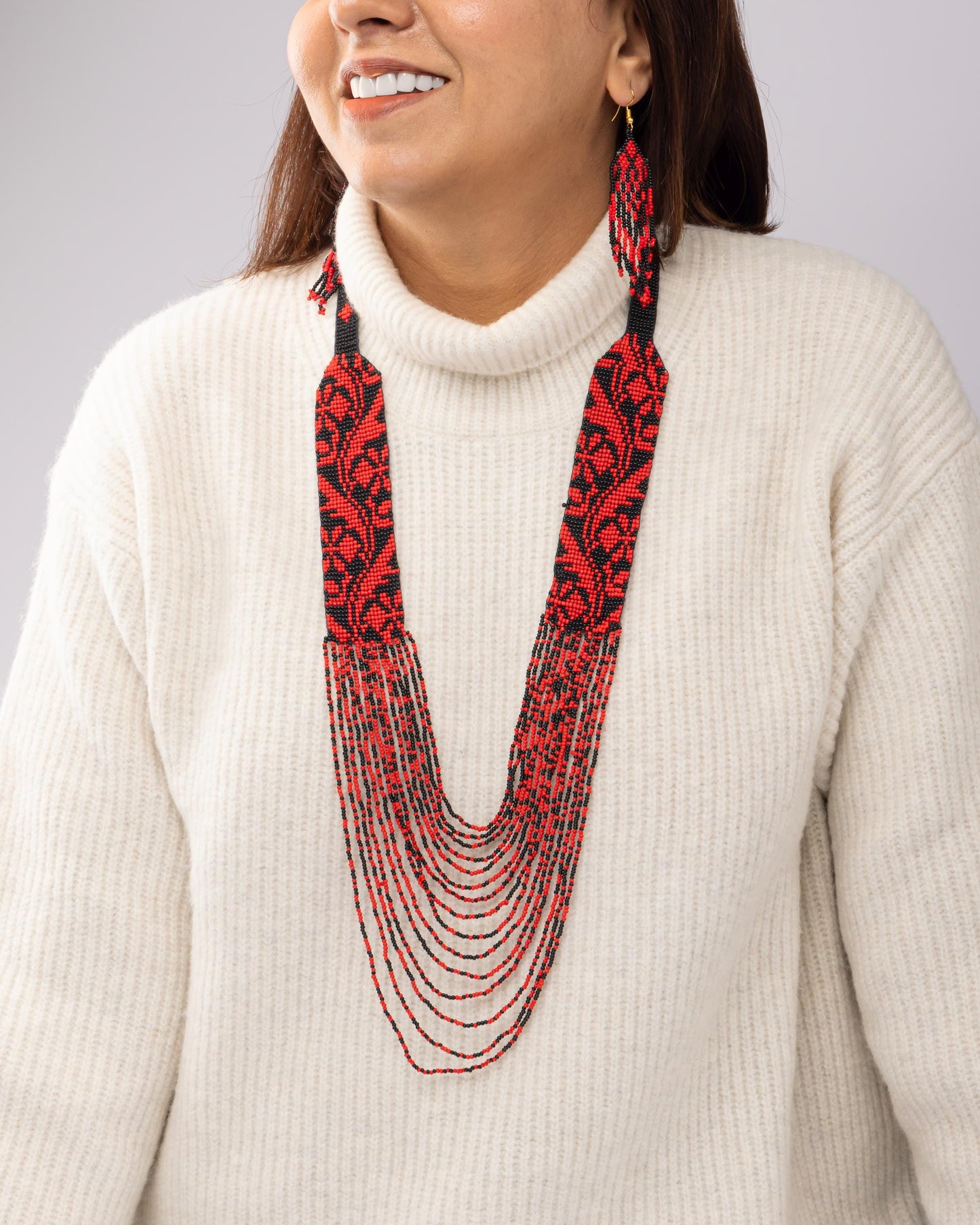 Red and Black Native American Seed Bead Jewelry Set Hippie Statement Necklace