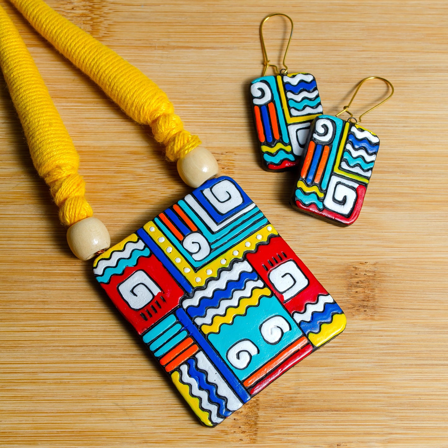 Handmade Terracotta Boho Geometric Tribal Jewelry Set Clay Necklace Boho Earrings Gifts for Her