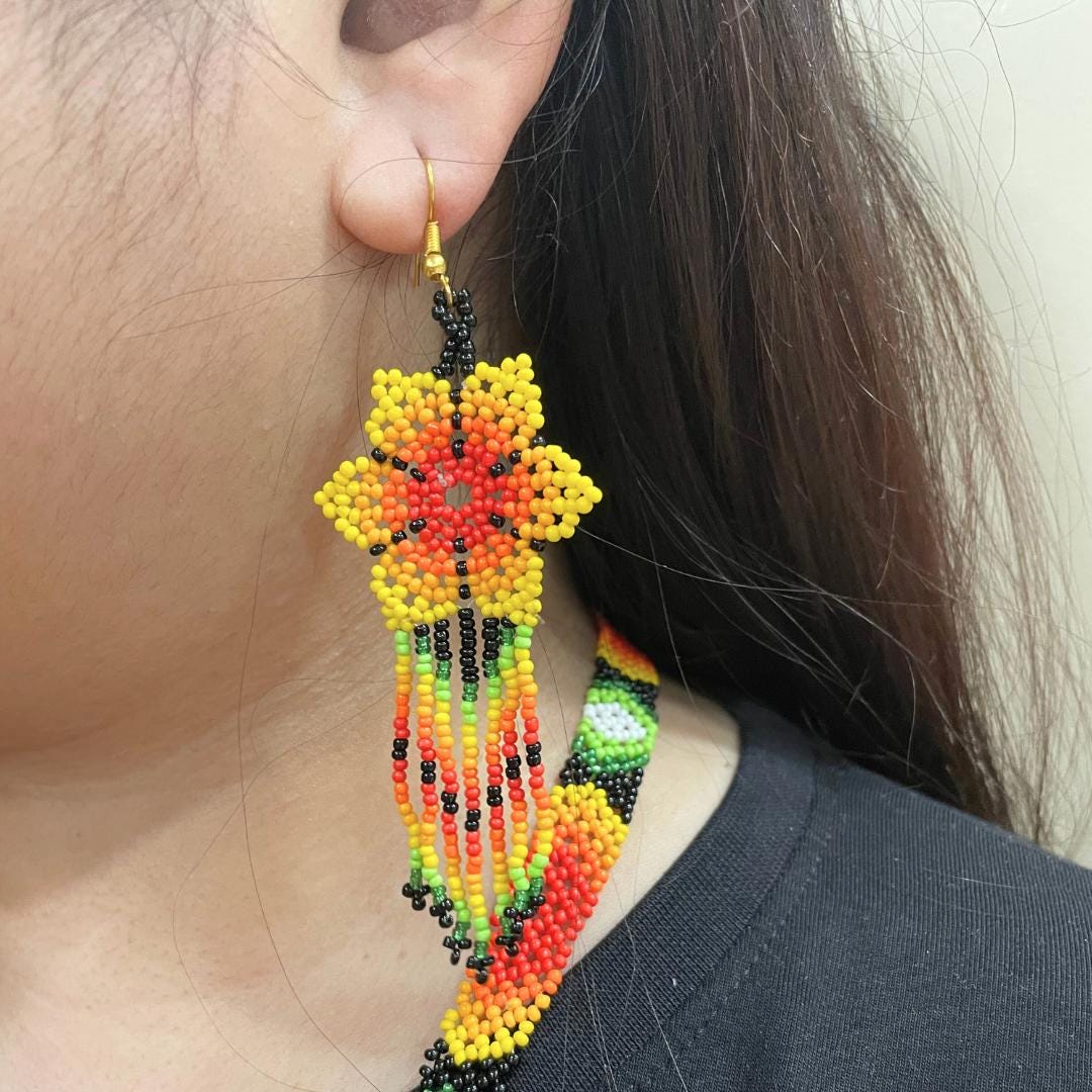 Multicolor Flower Native American Style Beaded Statement Necklace with Fringe Earrings Flower Necklace