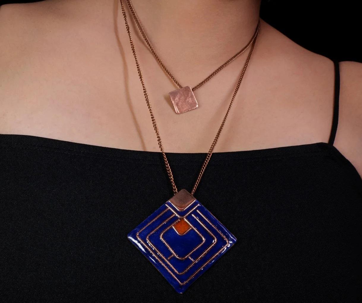 Rhombus Design Handmade Copper Earrings Geometric Minimalist Earring Modern Jewelry in Blue Valentine Gift For Her