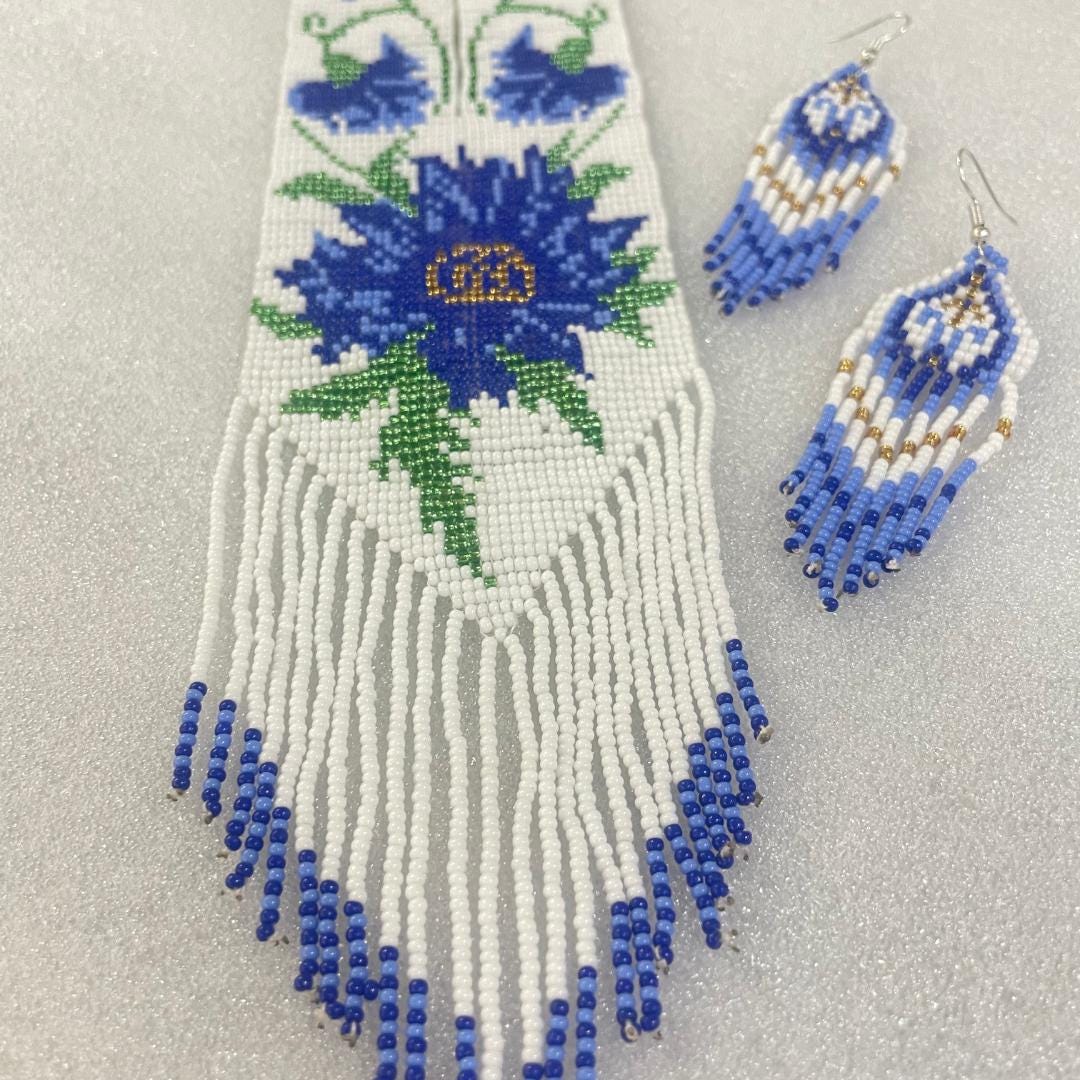 White Floral Beaded Floral Necklace Delicate Flower Necklace Seedbead Hoop Earring Dangle Set Necklace Earring For Women Unique Gift