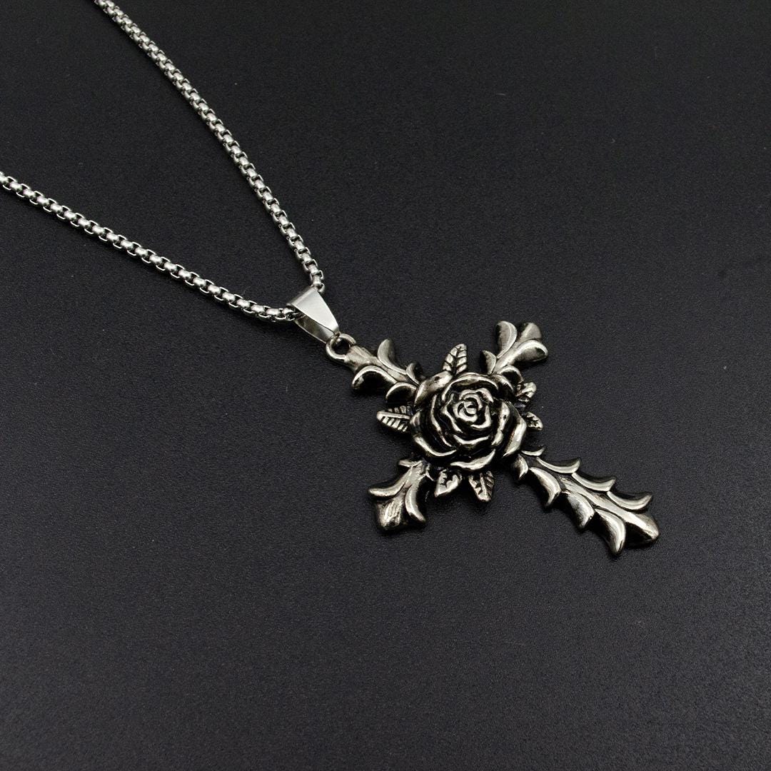 Gothic Triple Moon Necklace with Rose Cross Ghost Necklace Gothic Rose Necklace Perfect Gift for Halloween