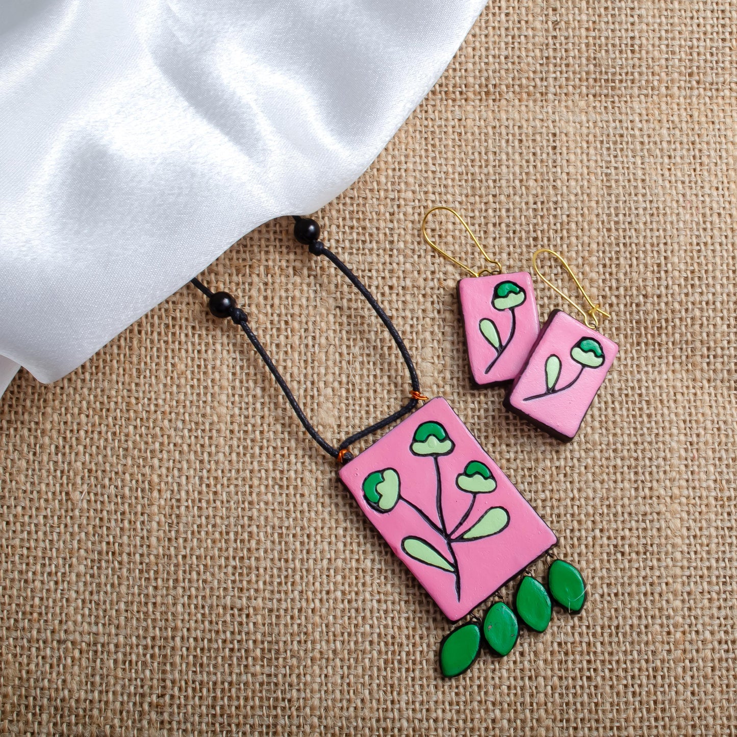 Handmade Pink Clay Jewelry Set Minimalist Rectangle Necklace with Flower Leaves Elegant Pink Jewelry