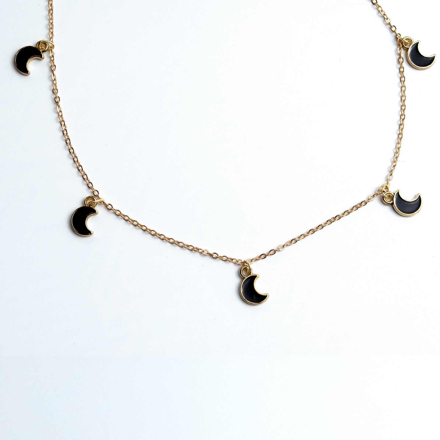 Minimalist Half Moon Mini Donut Necklace Handmade Adjustable Black Moon-Inspired Design