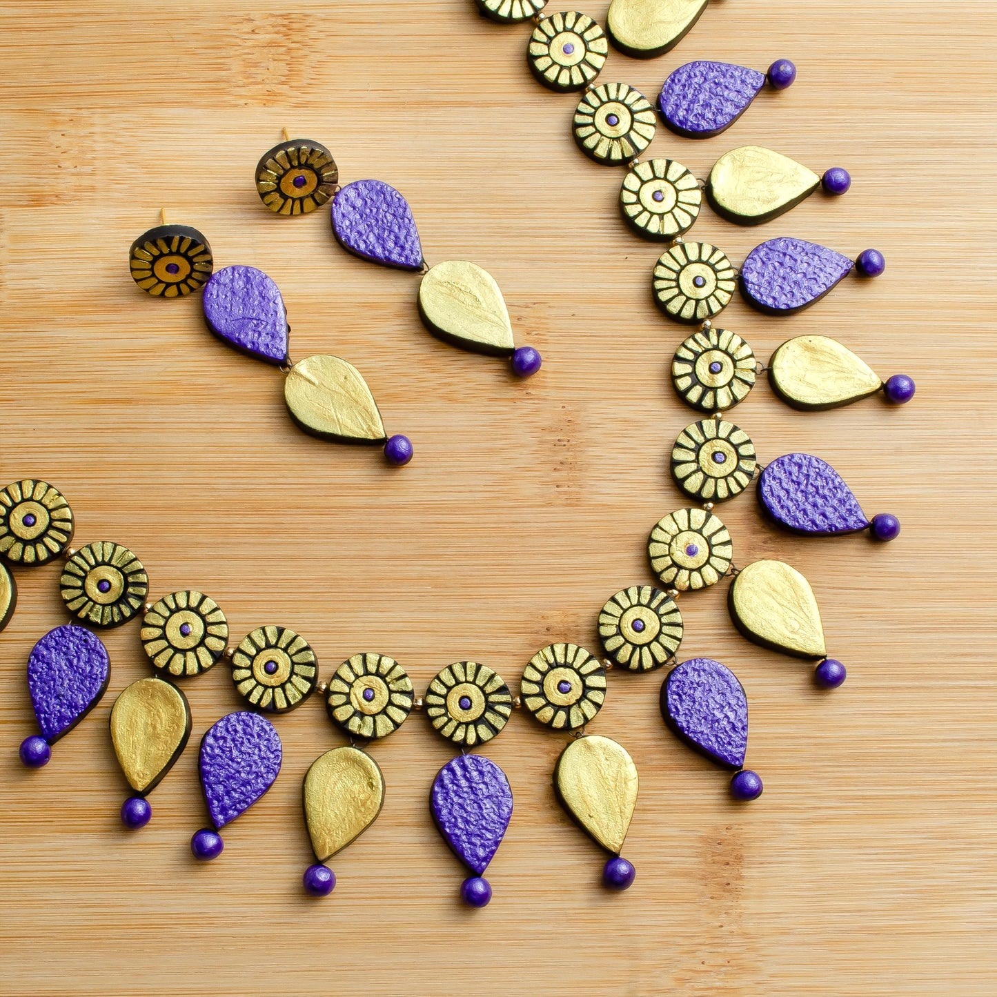 Purple And Golden Clay Jewelry Set Minimalist Necklace And Boho Dangle Earrings Aesthetic Jewelry
