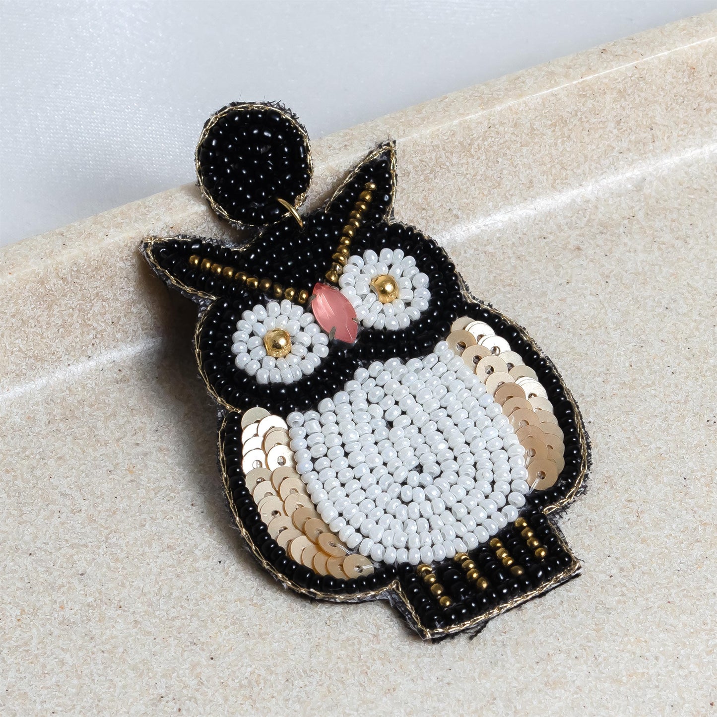 Hand Seed Bead Black White Owl Dangle Earrings Lightweight Boho Jewelry Gift for Her