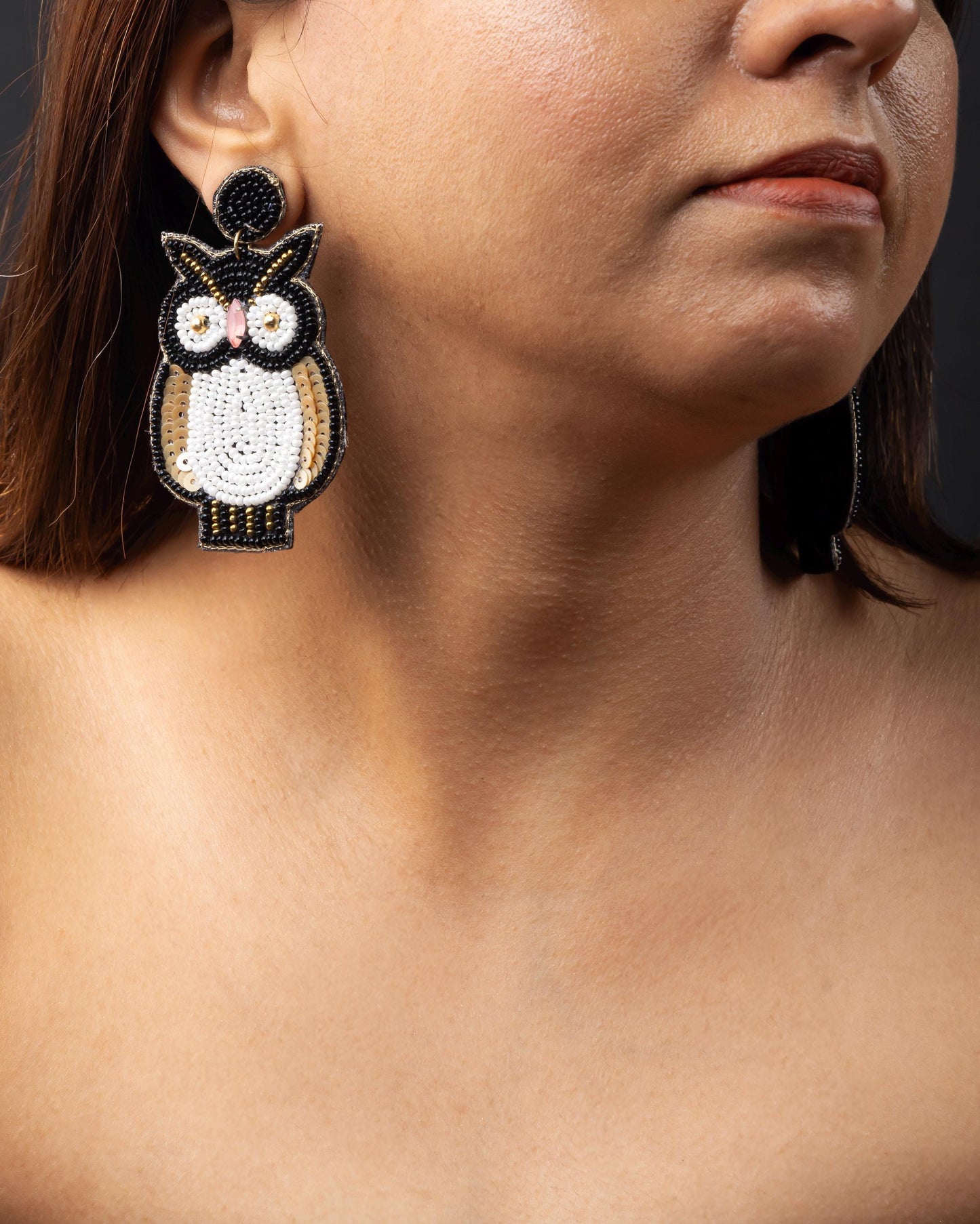 Hand Seed Bead Black White Owl Dangle Earrings Lightweight Boho Jewelry Gift for Her