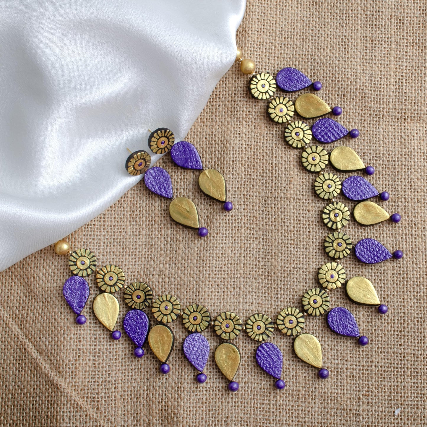 Purple And Golden Clay Jewelry Set Minimalist Necklace And Boho Dangle Earrings Aesthetic Jewelry