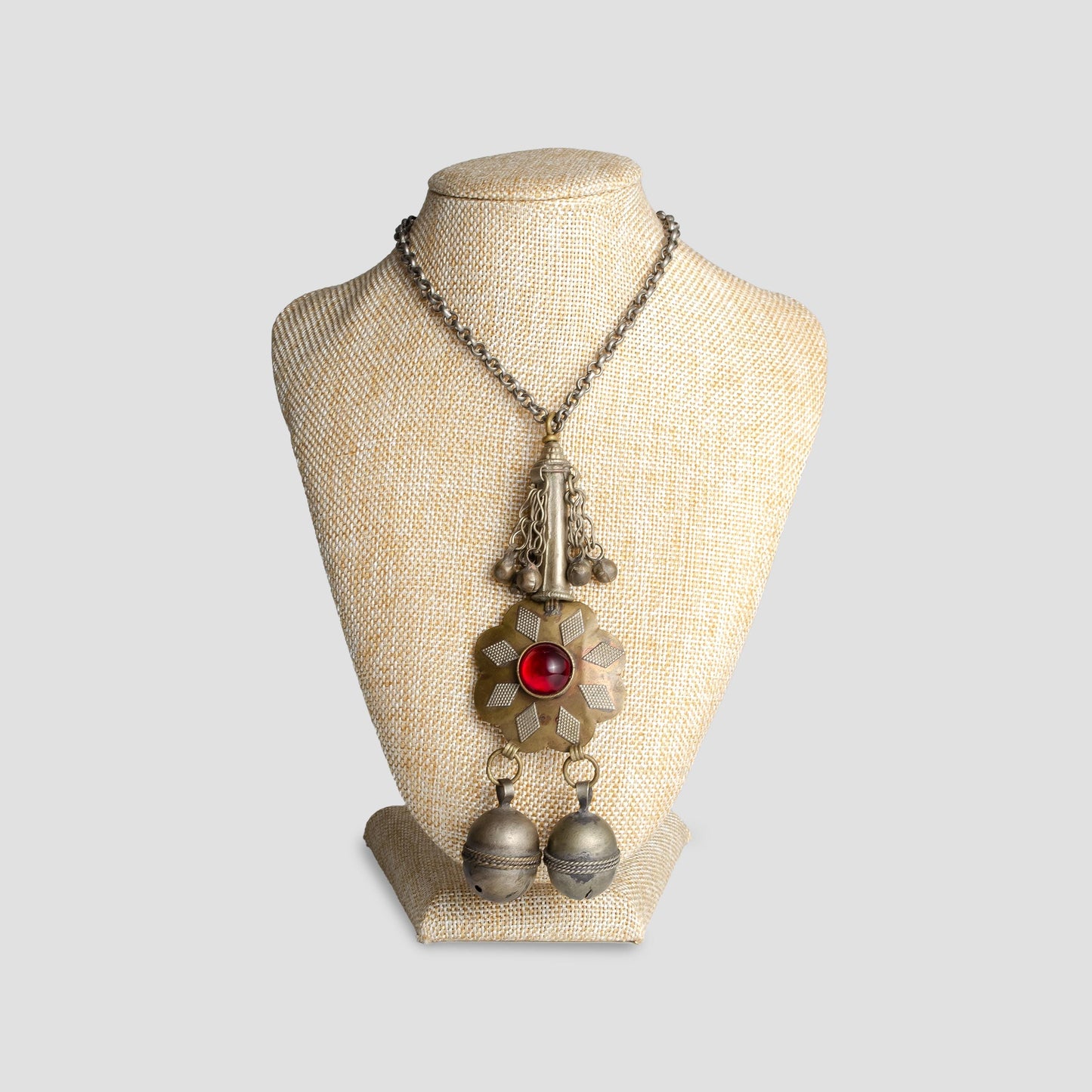 Vintage Afghan Jewelry Necklace Handmade Tribal Pendant with Red Glass Stone Gypsy Jewelry Afghan Tribal Necklace
