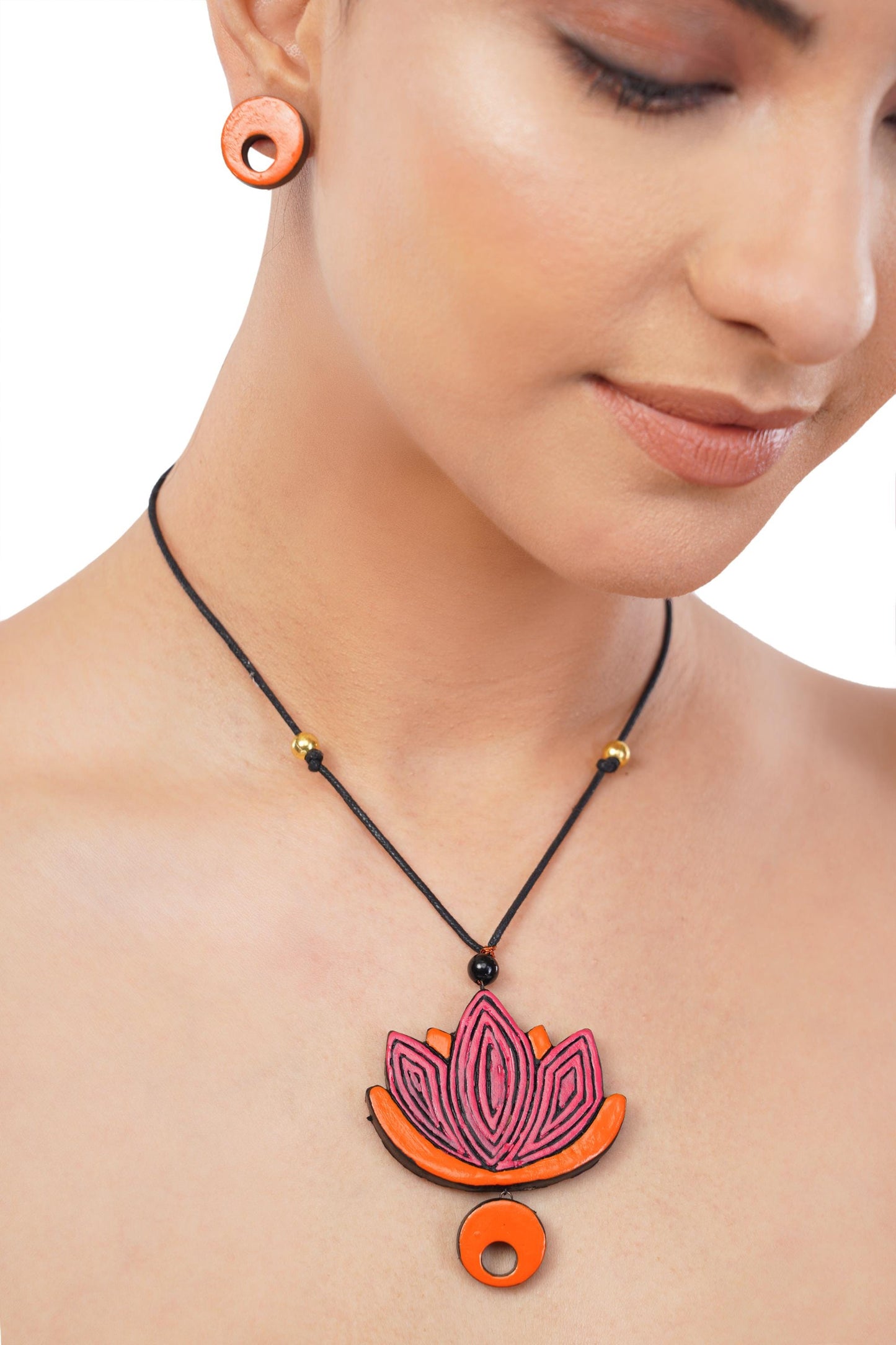 Lotus Clay Jewelry Set Pink Orange Minimalist Necklace Handmade Jewelry Perfect Gifts for Her