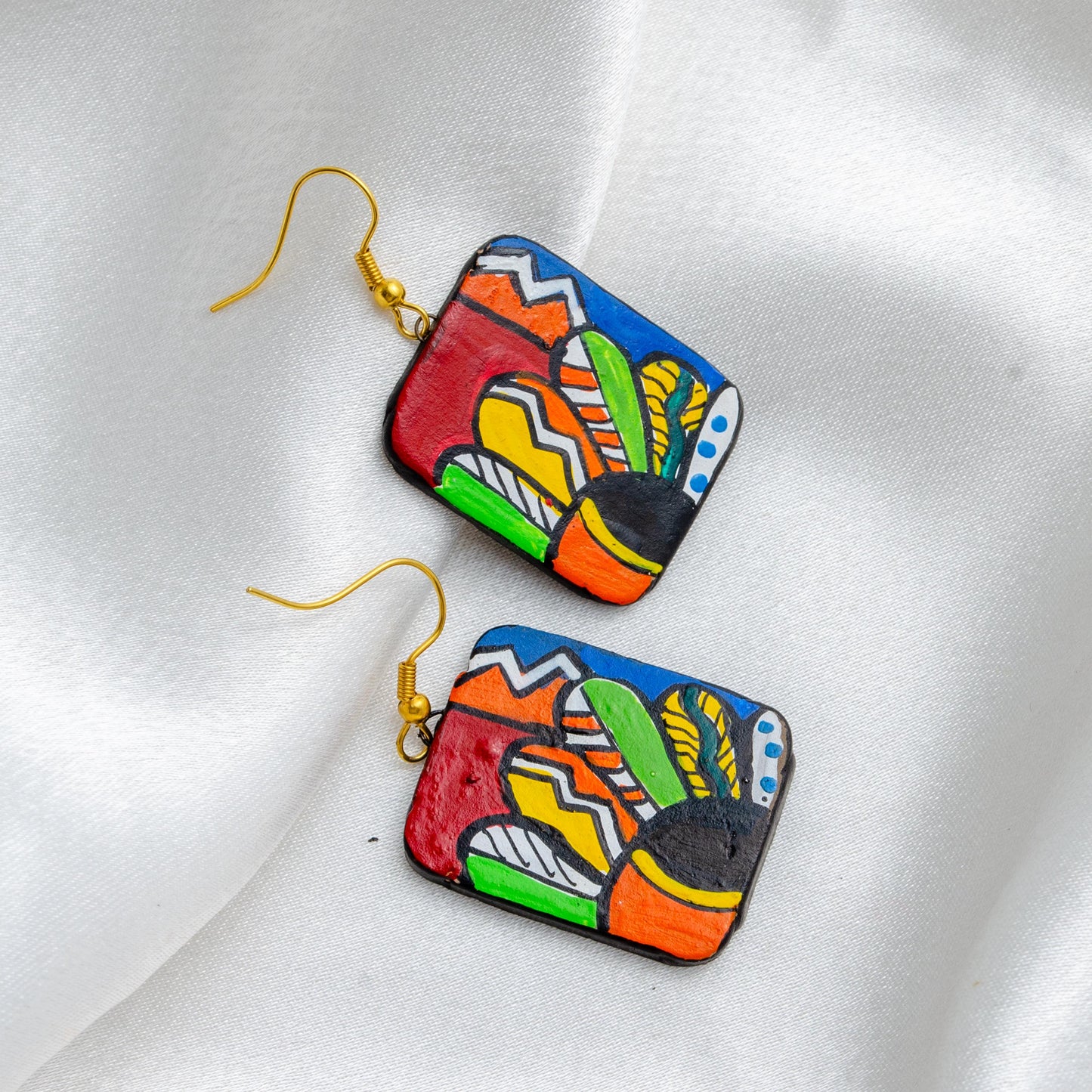 Tribal Clay Jewelry Set with Abstract Art Handmade Statement Earrings Gifts for Women