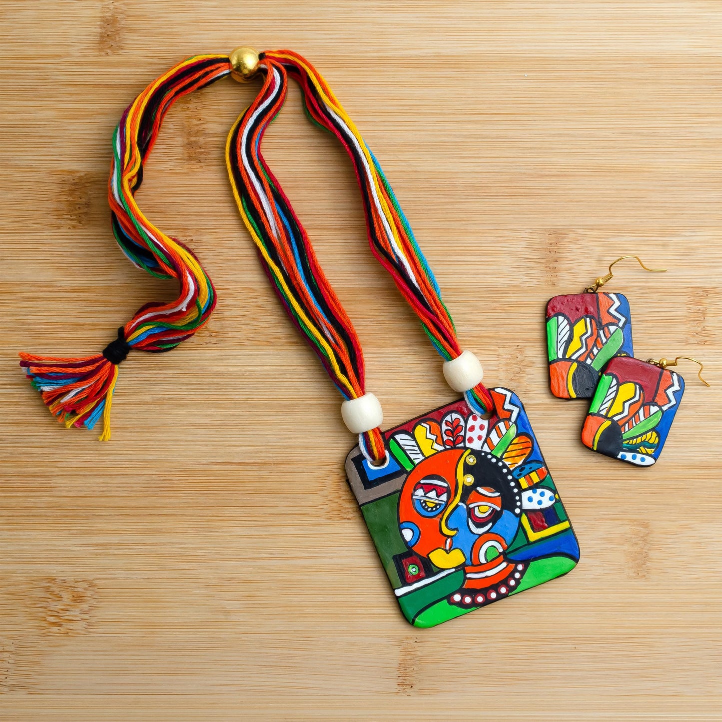 Tribal Clay Jewelry Set with Abstract Art Handmade Statement Earrings Gifts for Women