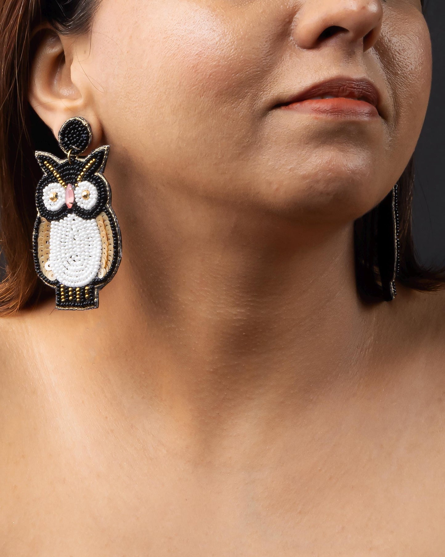 Hand Seed Bead Black White Owl Dangle Earrings Lightweight Boho Jewelry Gift for Her