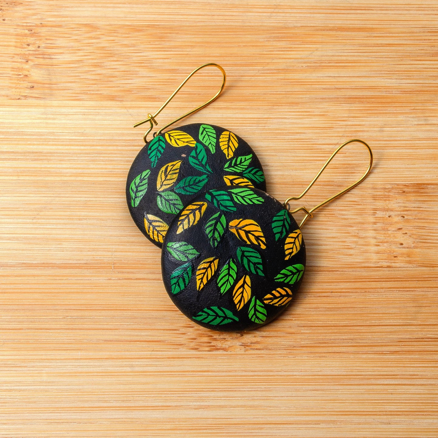 Mystical Leaf Earrings on Black Base Green Yellow Leaf Design Handmade Jewelry Unique Gift for Her Hypo allergic Jewelry Set