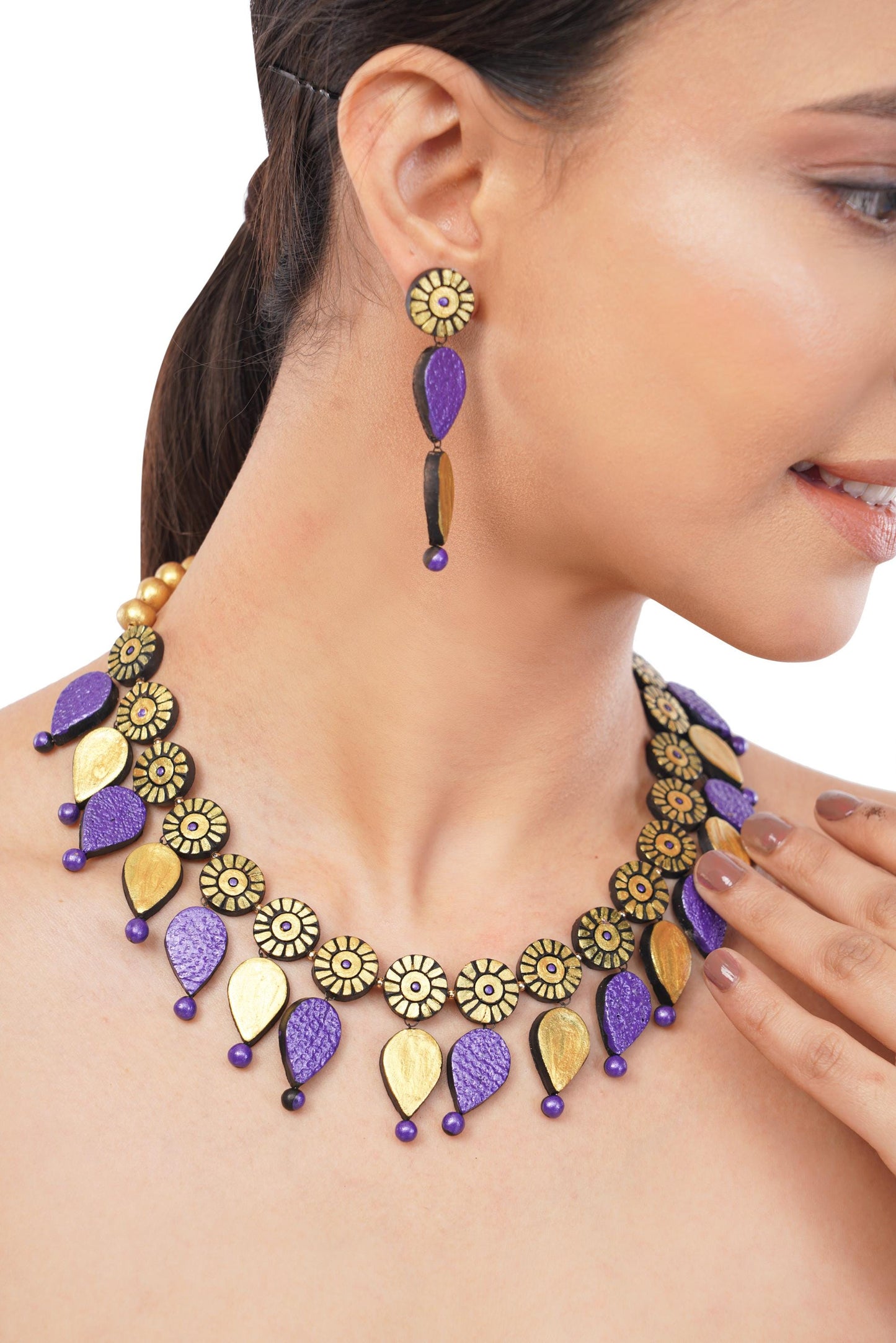 Purple And Golden Clay Jewelry Set Minimalist Necklace And Boho Dangle Earrings Aesthetic Jewelry
