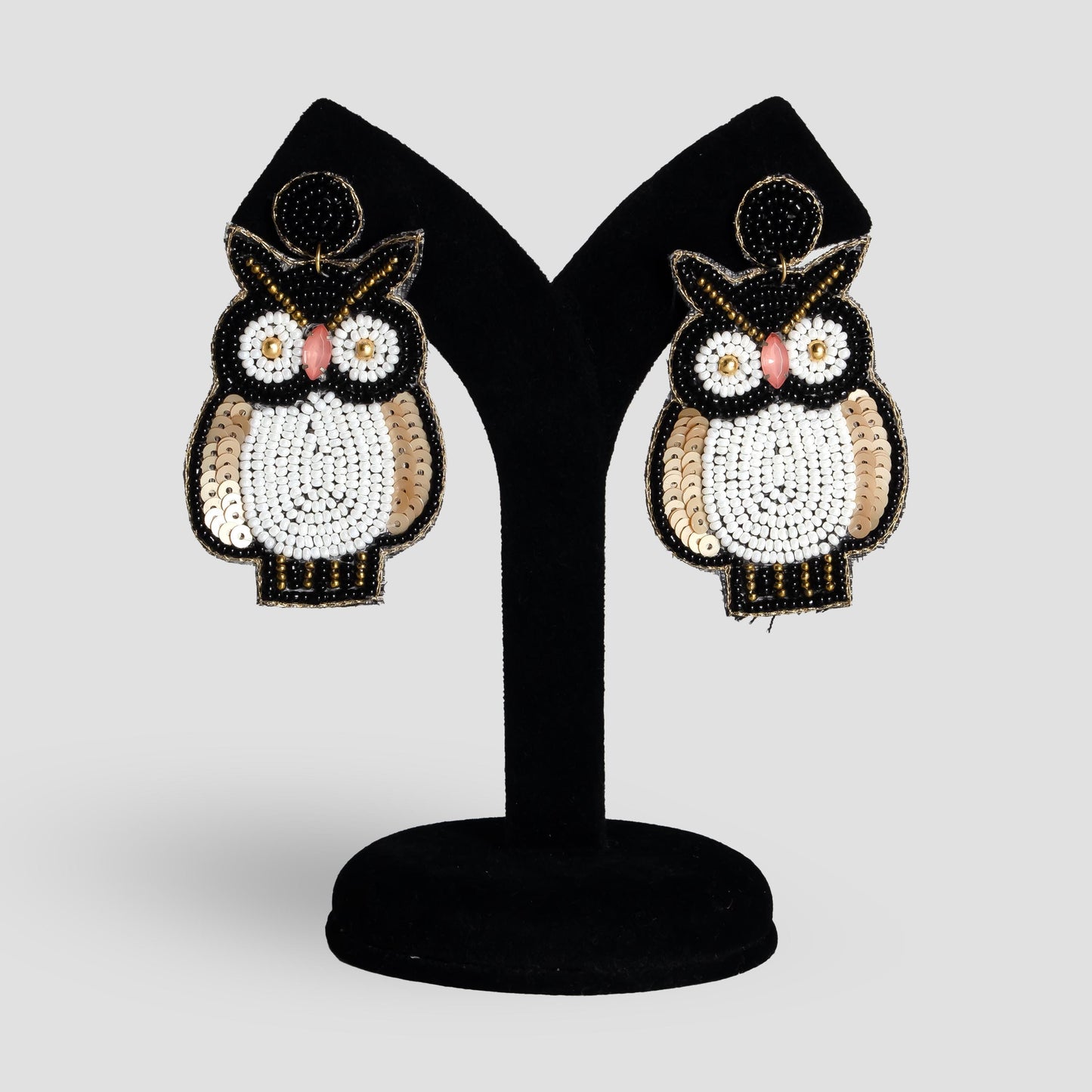Hand Seed Bead Black White Owl Dangle Earrings Lightweight Boho Jewelry Gift for Her