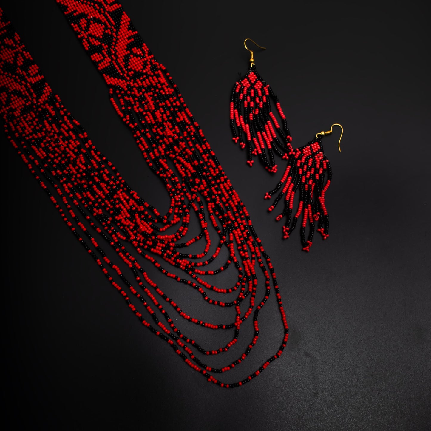 Red and Black Native American Seed Bead Jewelry Set Hippie Statement Necklace