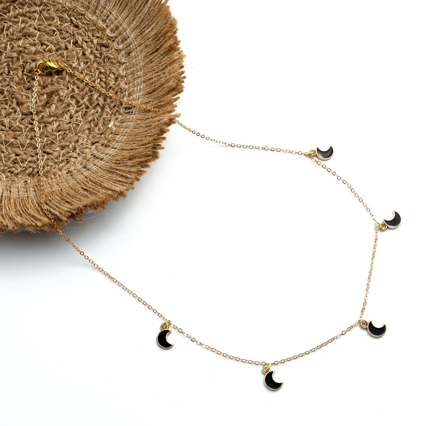 Minimalist Half Moon Mini Donut Necklace Handmade Adjustable Black Moon-Inspired Design