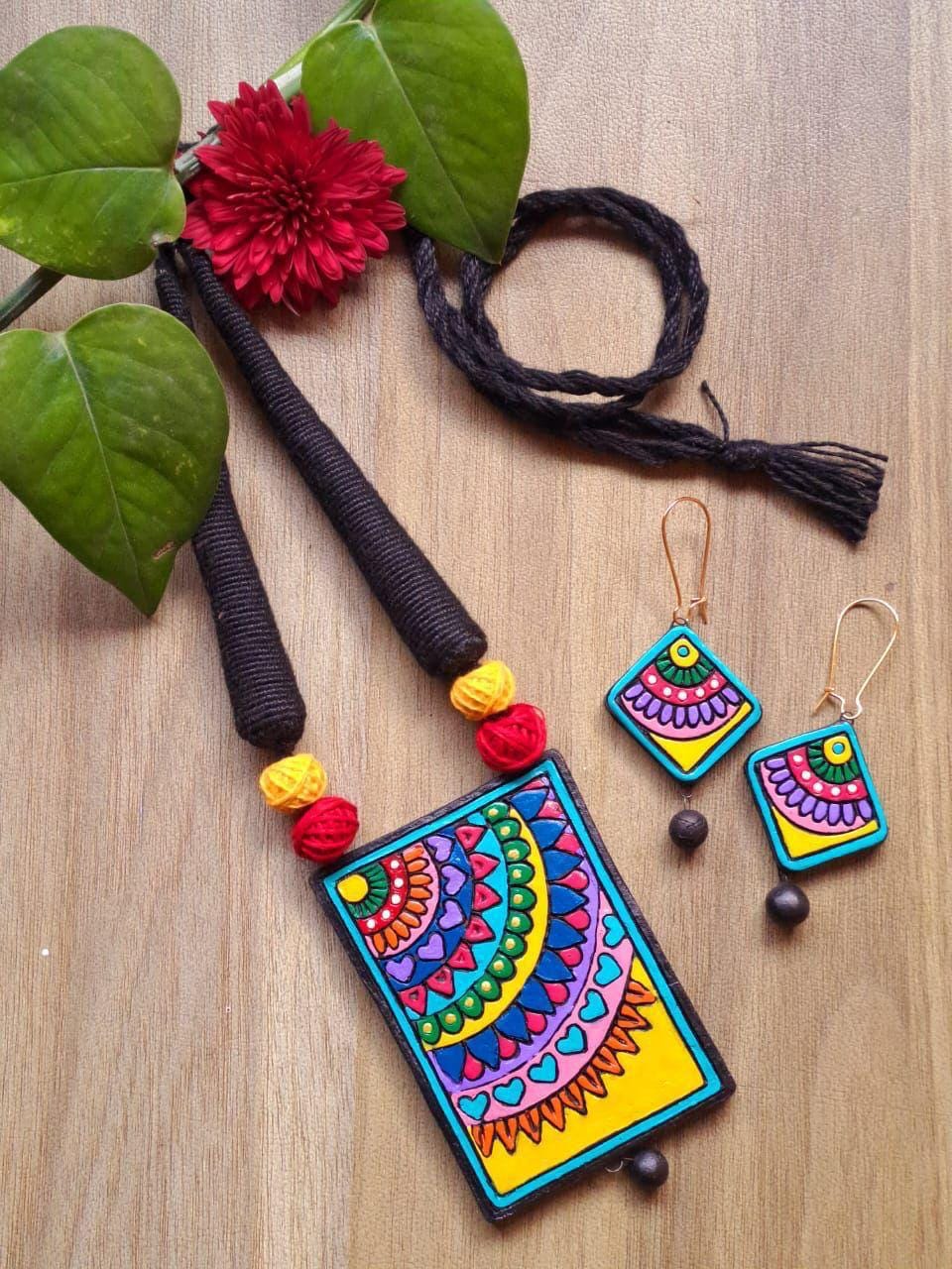 Multi color Square Necklace Nature-Inspired Art De co Jewelry Handmade Jewelry with Lightweight Earrings