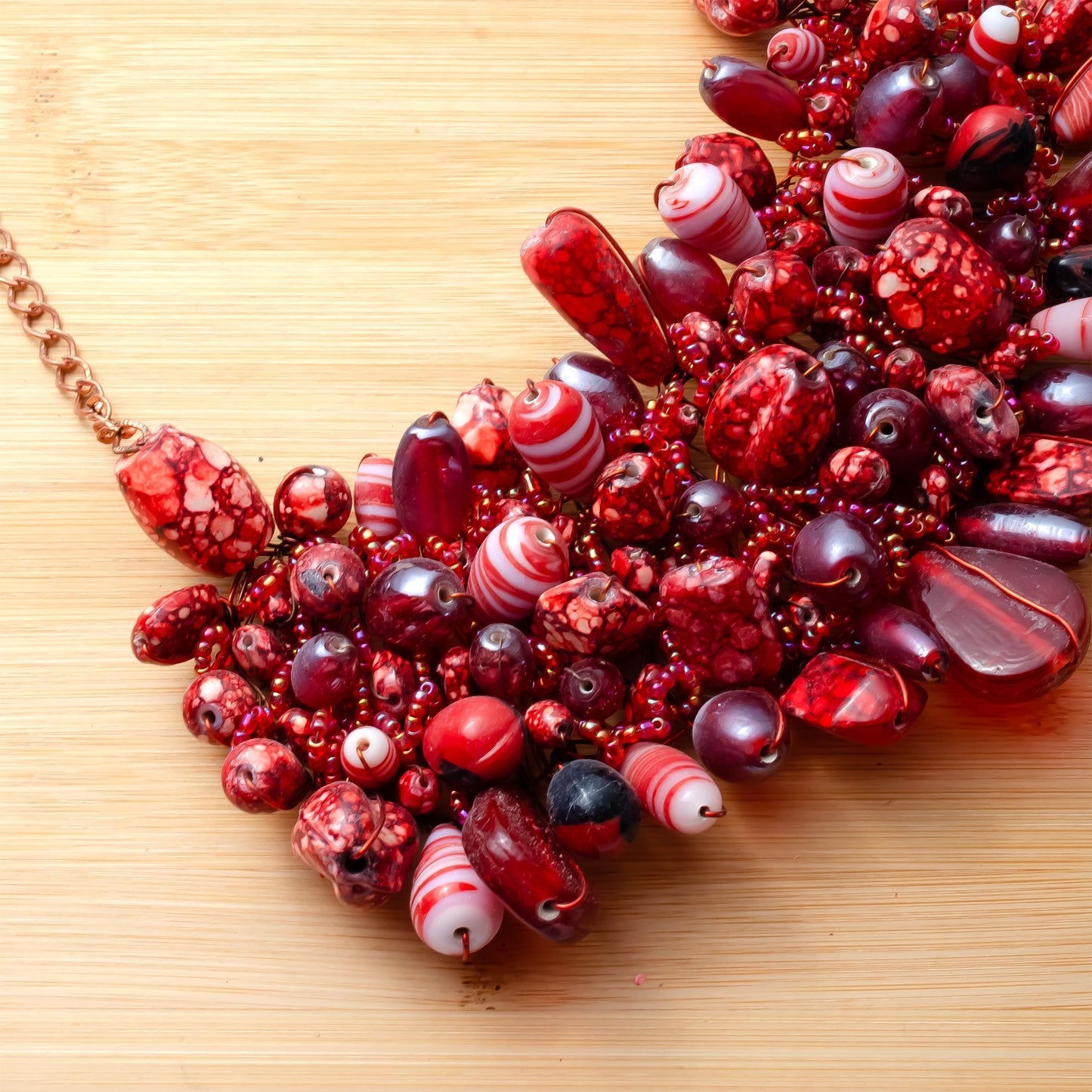 Red Glass Bead Choker Necklace Handmade Jewelry with Seed Beads Marble Print Gift for Her