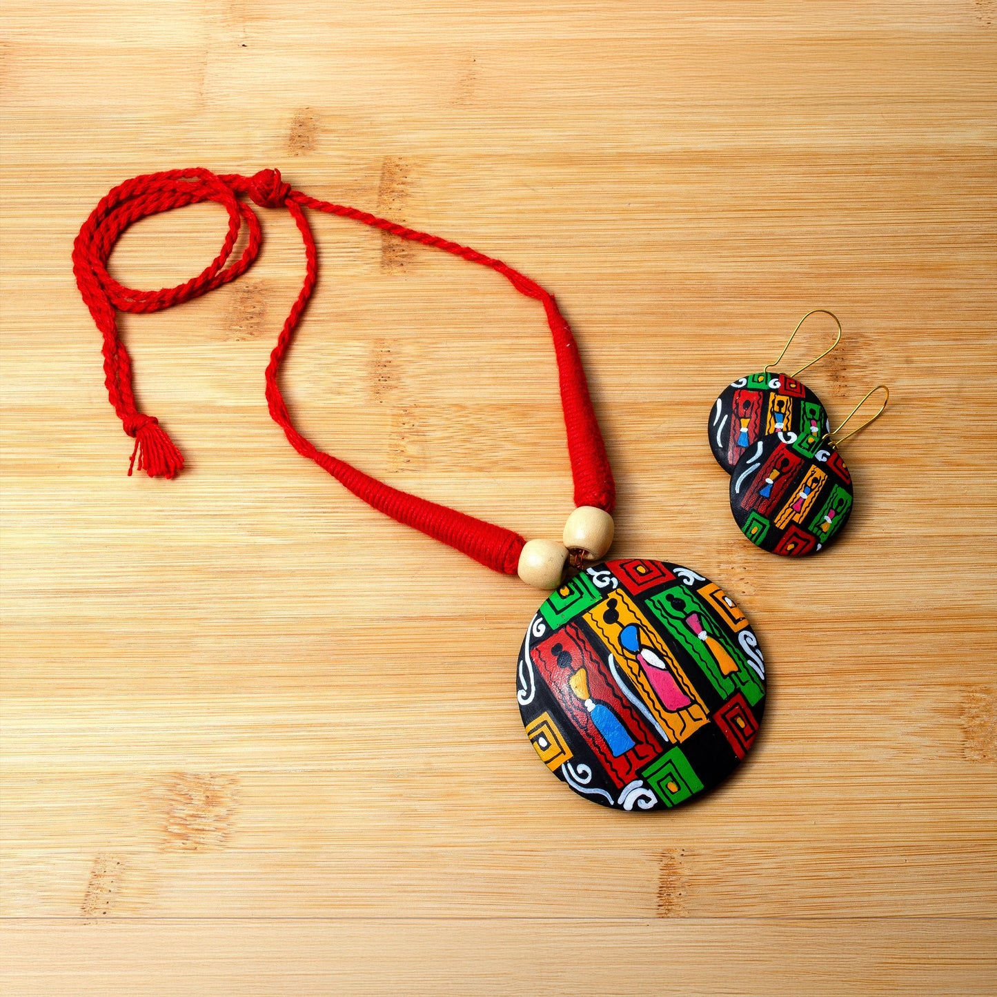 Red Oval Geometric Clay Necklace Bohemian Earrings Vibrant Tribal Design Jewelry Matching Earrings Hypoallergenic Jewelry Set