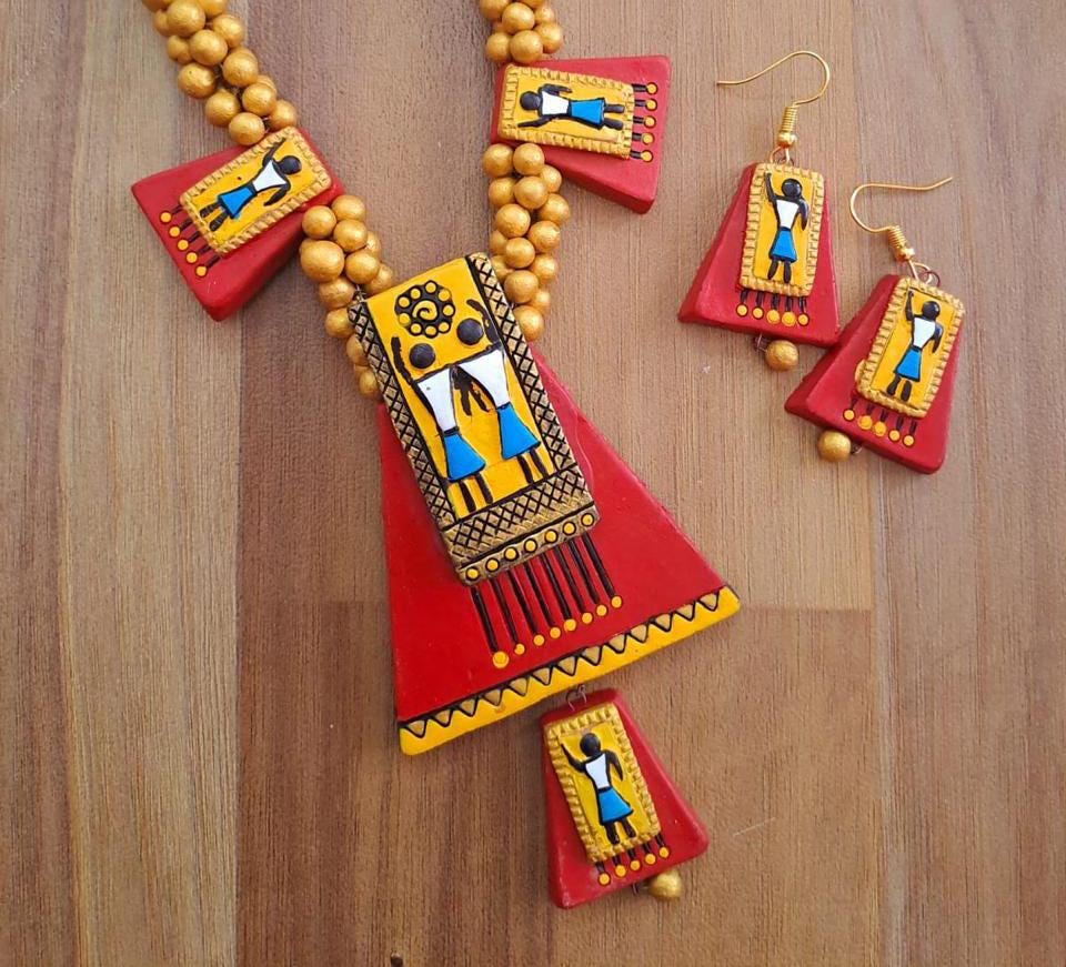 Red Clay Jewelry Set with Tribal Design Handmade Jewelry Statement Earrings Gifts for Her