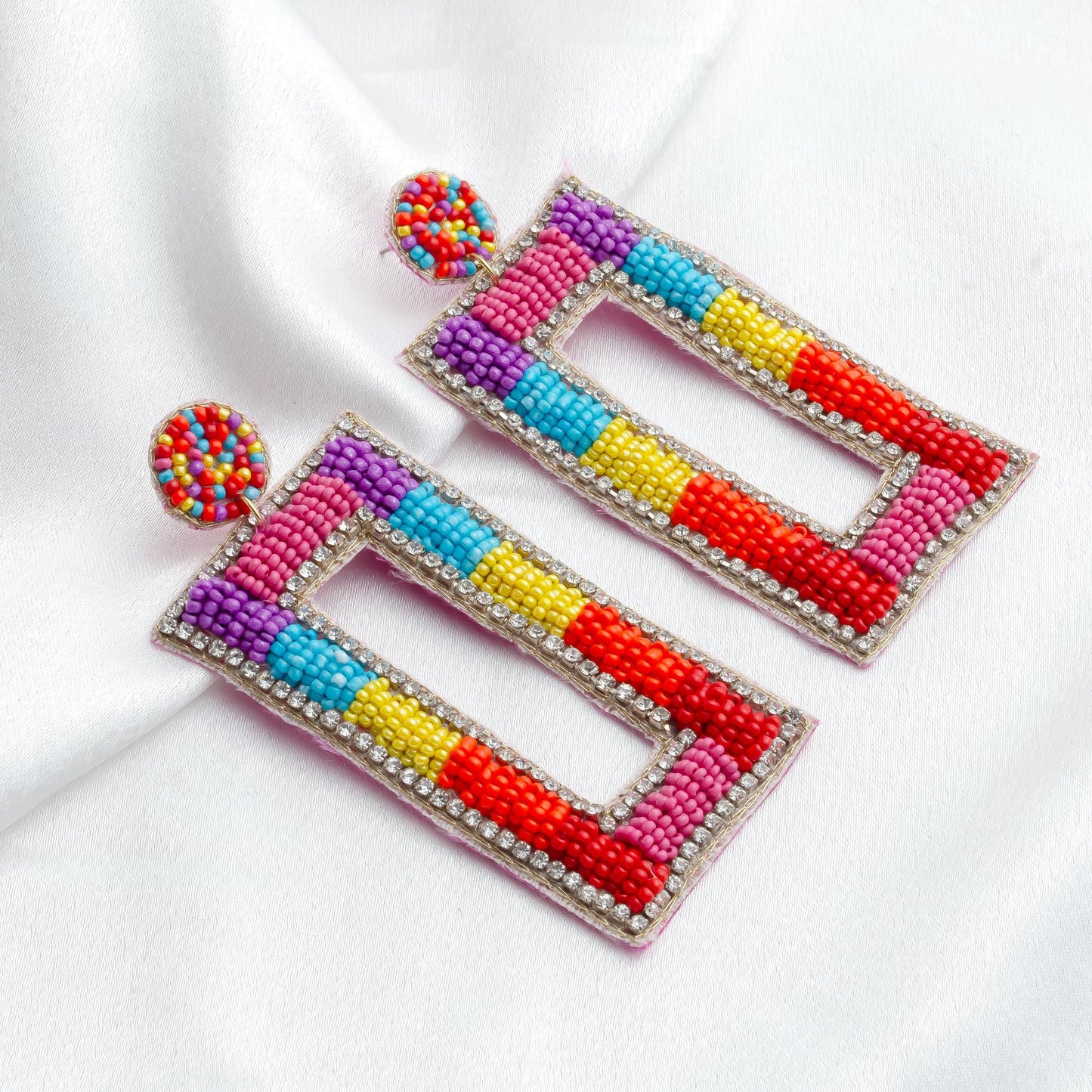 Rectangle Hand Beaded Long Earrings Lightweight Statement Jewelry Gift for Her