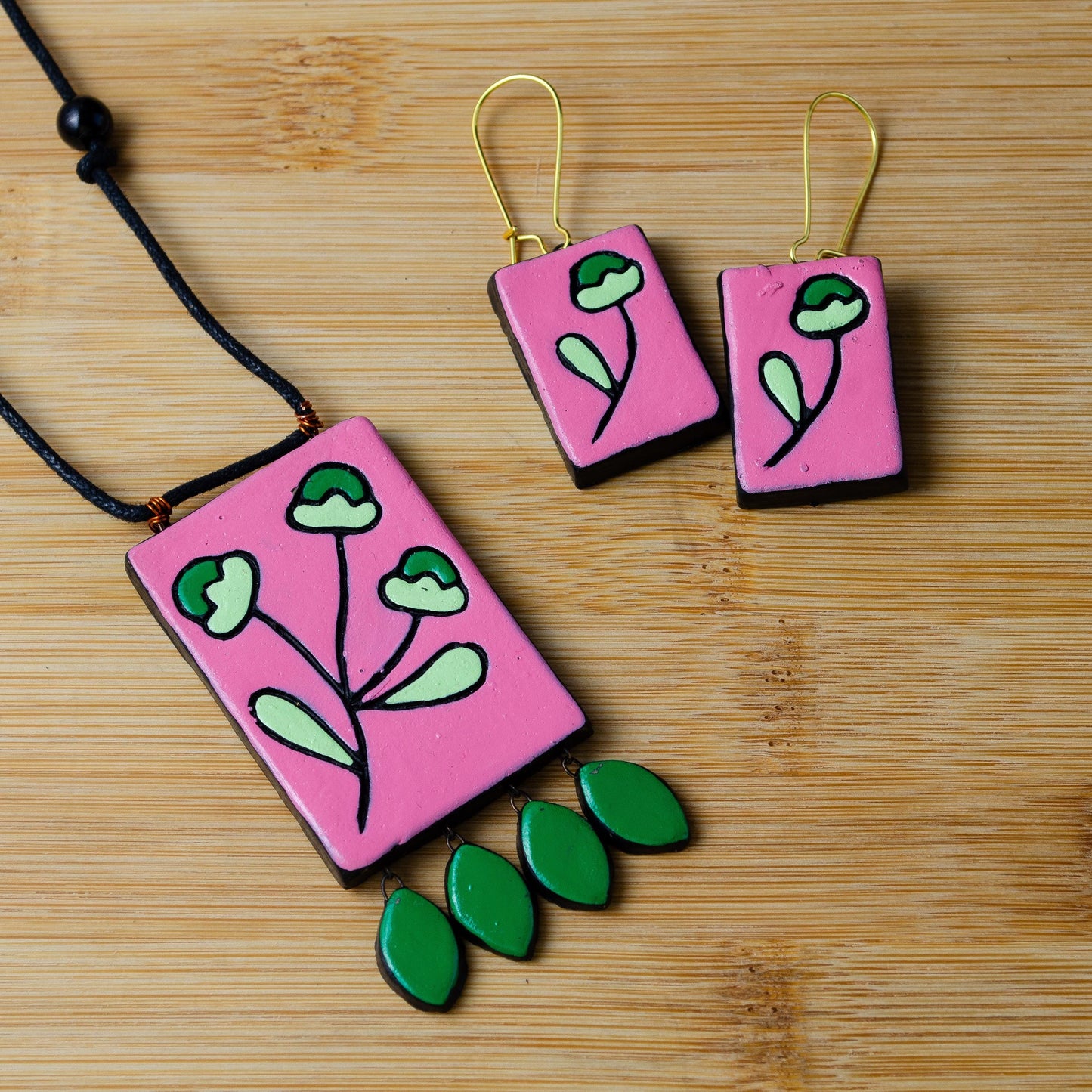 Handmade Pink Clay Jewelry Set Minimalist Rectangle Necklace with Flower Leaves Elegant Pink Jewelry