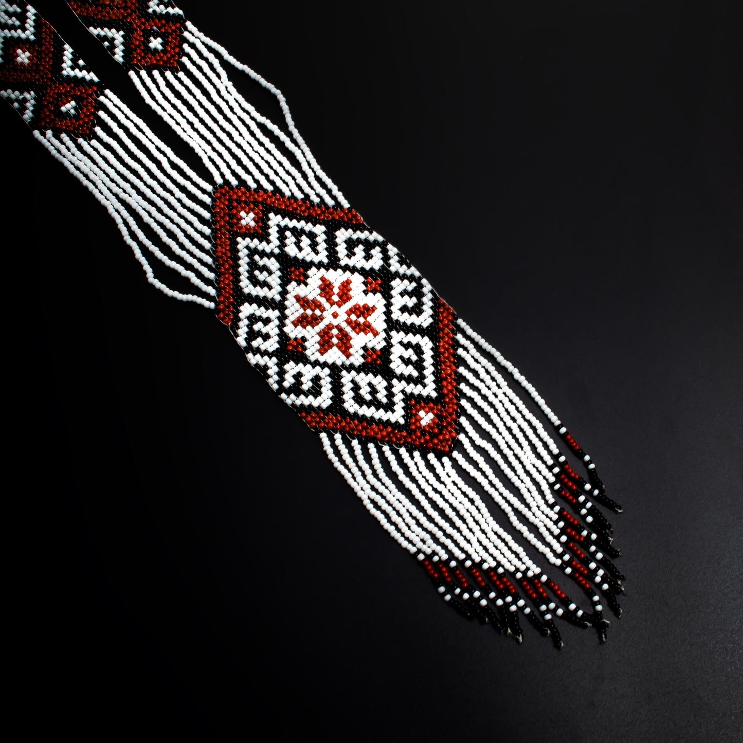 White Brown Native American Seed Bead Jewelry Set Handmade Necklace with Fringe Earrings