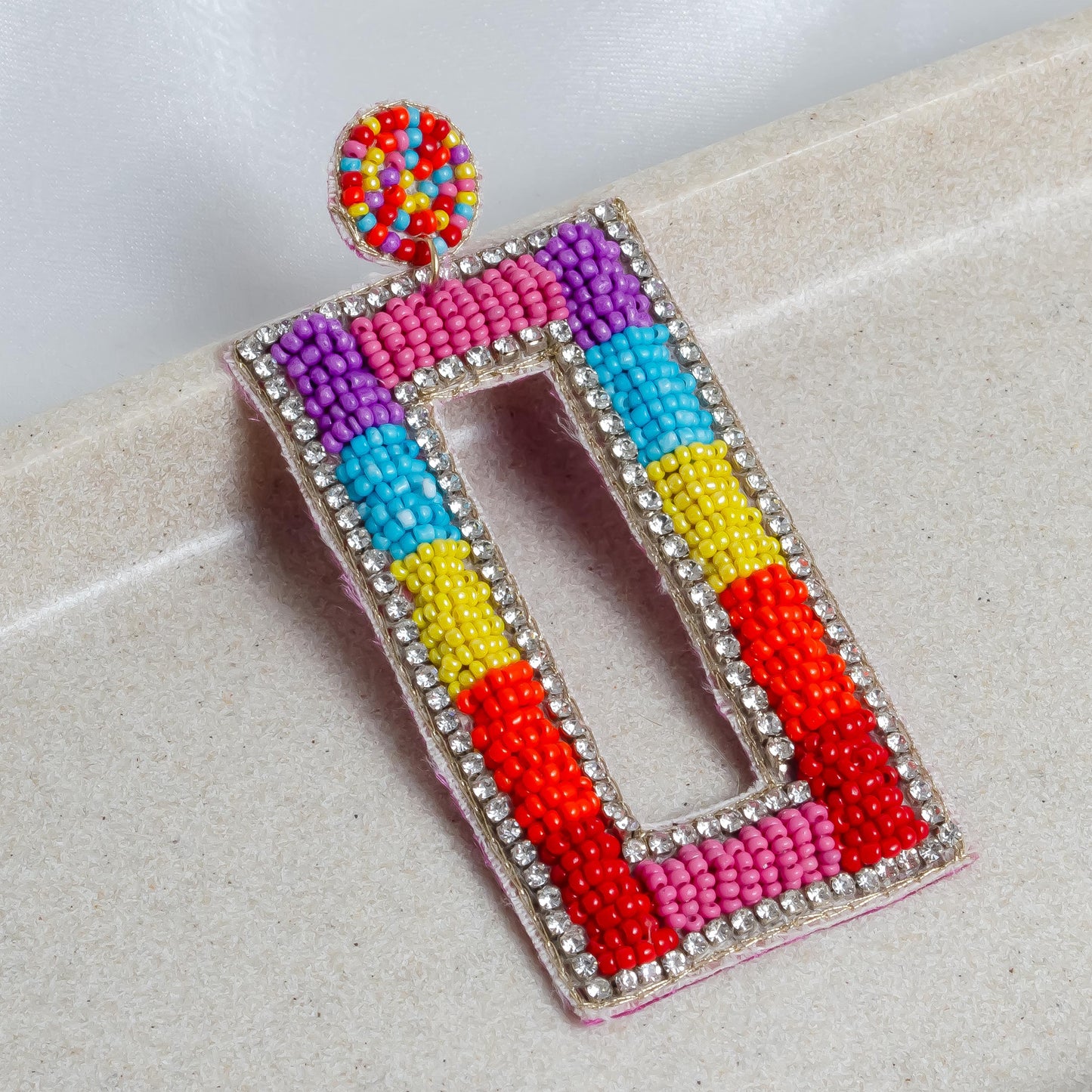 Rectangle Hand Beaded Long Earrings Lightweight Statement Jewelry Gift for Her
