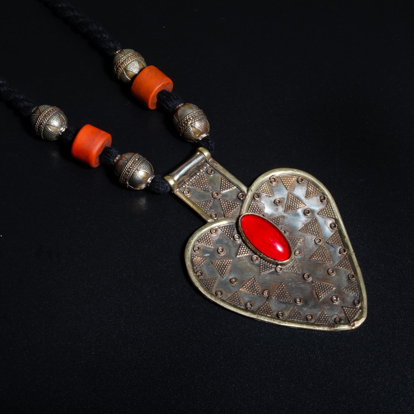 Vintage Afghan Red Glass Stone Bib Necklace Boho Tribal Necklace Gypsy Jewelry Statement Piece Heart Shape