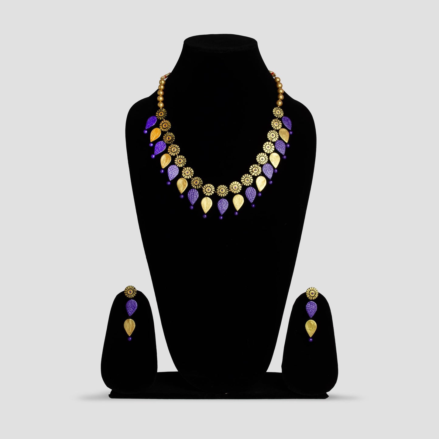 Purple And Golden Clay Jewelry Set Minimalist Necklace And Boho Dangle Earrings Aesthetic Jewelry