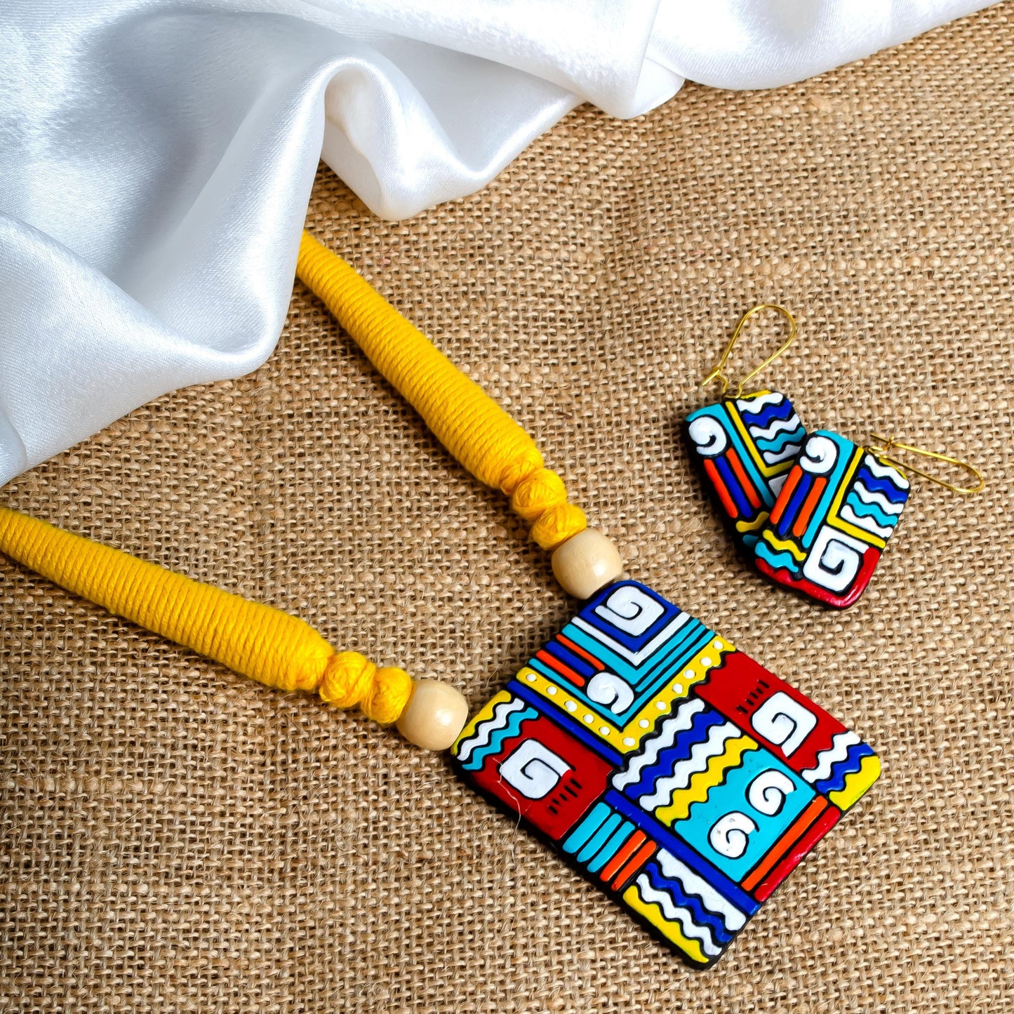Handmade Terracotta Boho Geometric Tribal Jewelry Set Clay Necklace Boho Earrings Gifts for Her