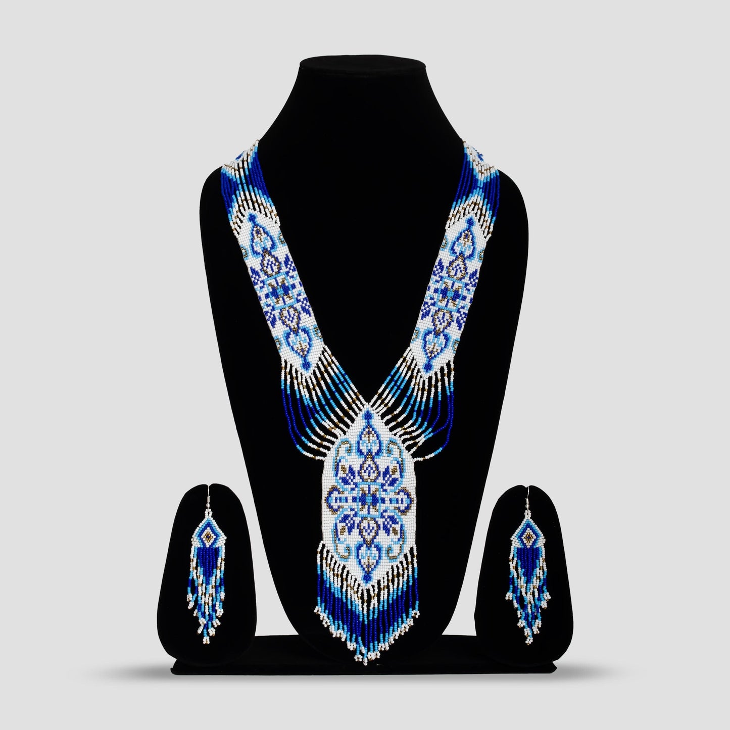 White and Blue Native American Seed Bead Long Necklace – Bohemian Wedding Necklace with Fringe Earrings