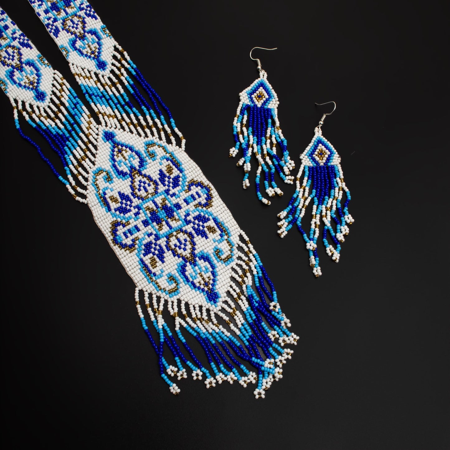 White and Blue Native American Seed Bead Long Necklace – Bohemian Wedding Necklace with Fringe Earrings