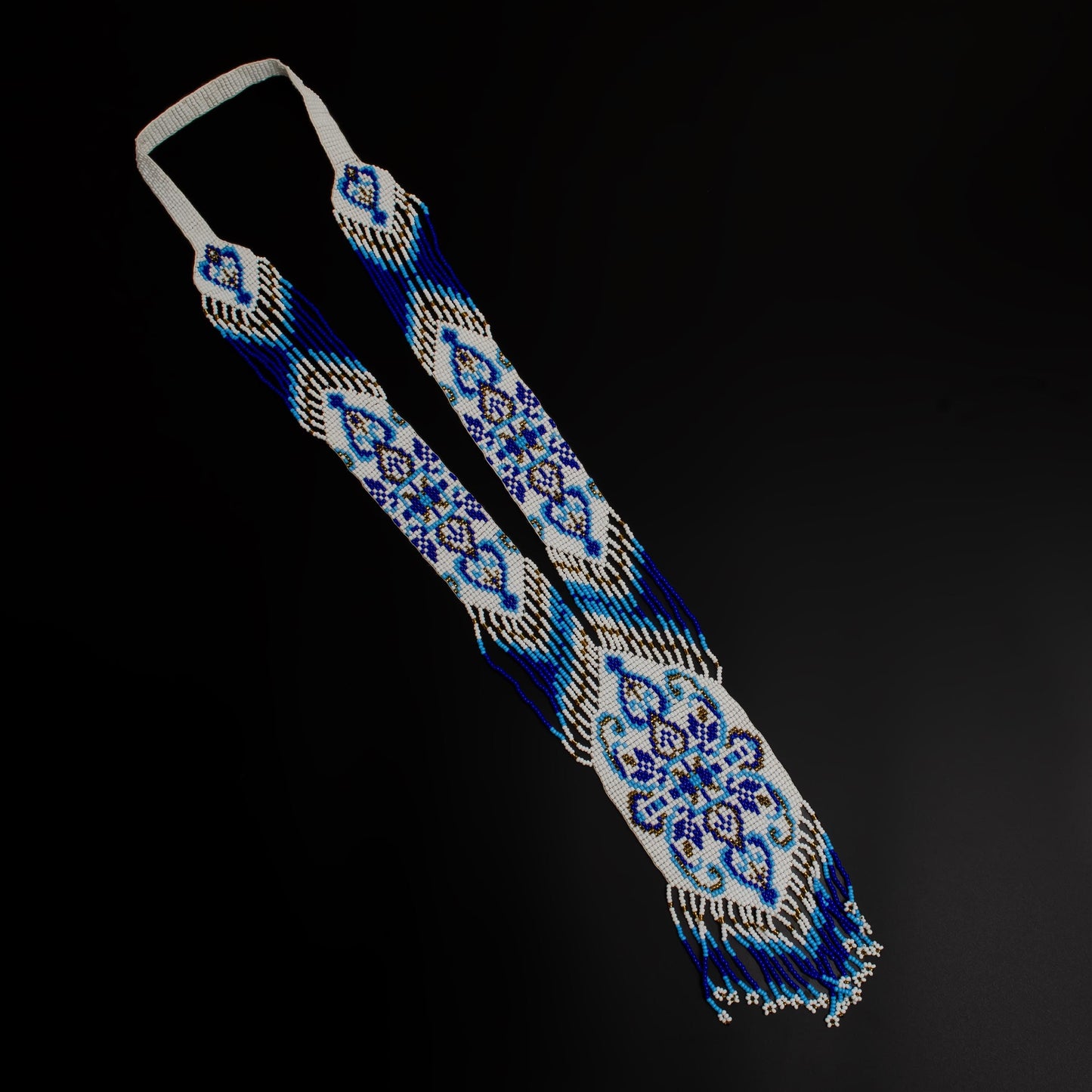 White and Blue Native American Seed Bead Long Necklace – Bohemian Wedding Necklace with Fringe Earrings
