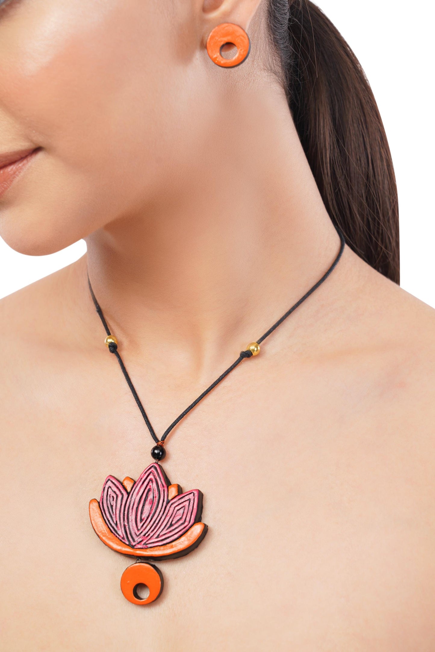 Lotus Clay Jewelry Set Pink Orange Minimalist Necklace Handmade Jewelry Perfect Gifts for Her