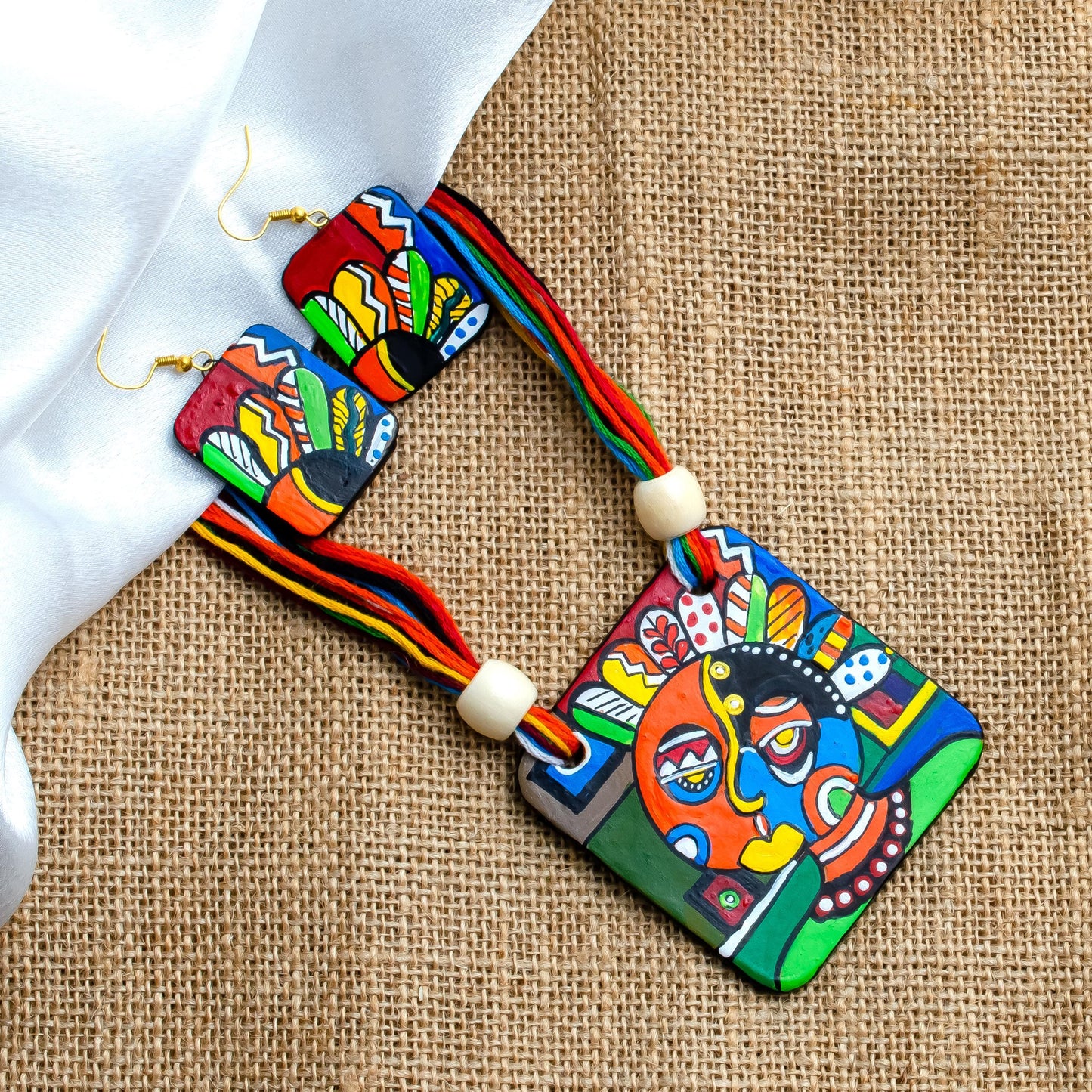 Tribal Clay Jewelry Set with Abstract Art Handmade Statement Earrings Gifts for Women