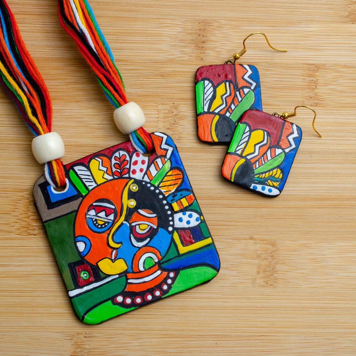 Tribal Clay Jewelry Set with Abstract Art Handmade Statement Earrings Gifts for Women