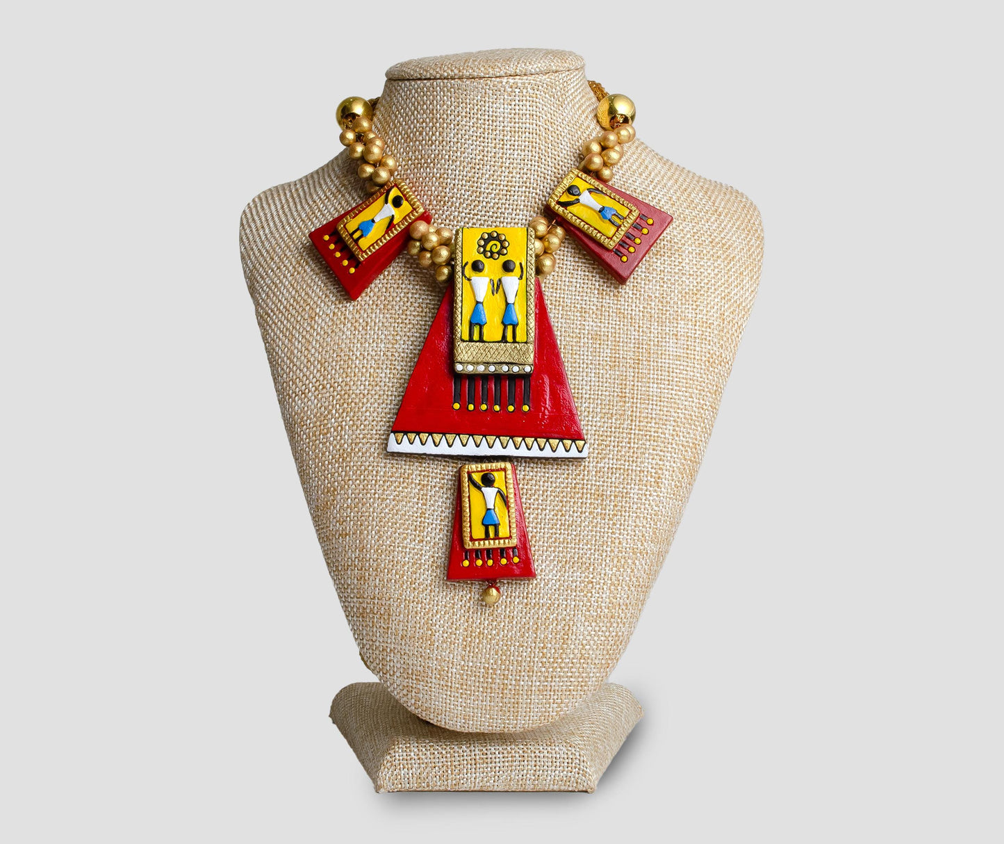 Red Clay Jewelry Set with Tribal Design Handmade Jewelry Statement Earrings Gifts for Her