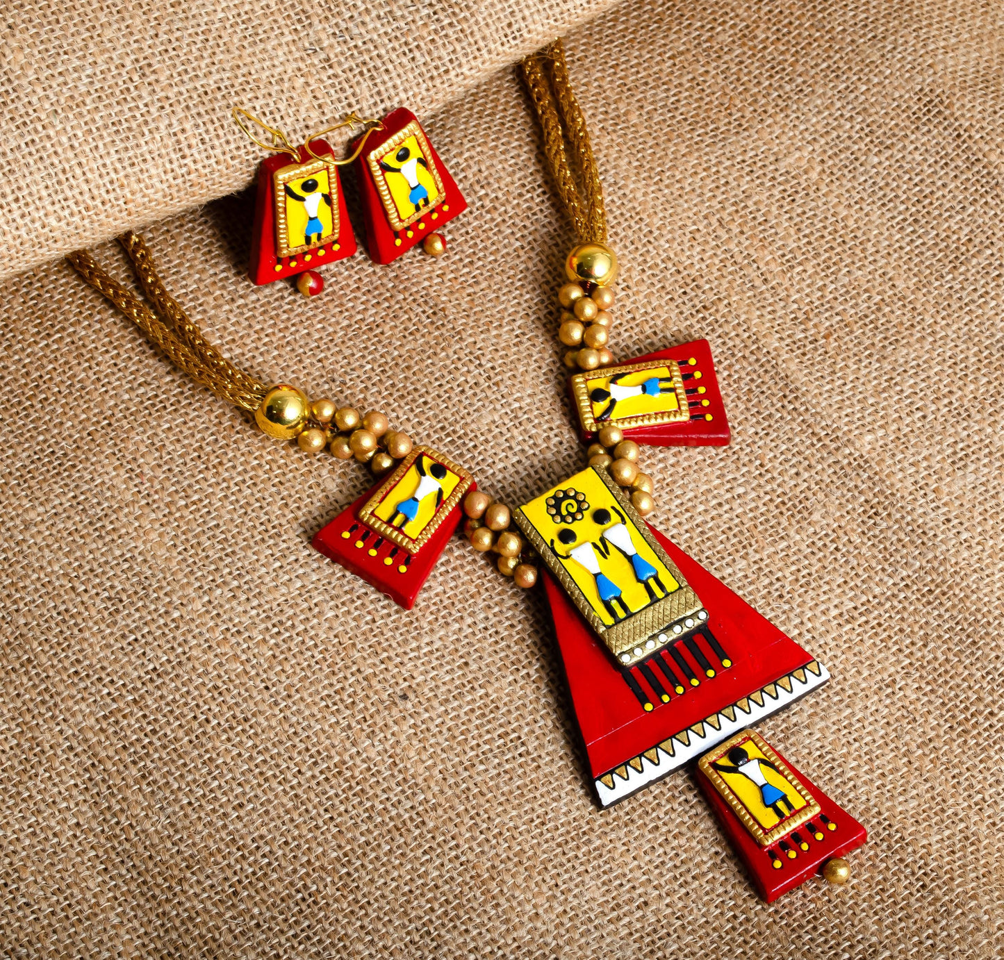 Red Clay Jewelry Set with Tribal Design Handmade Jewelry Statement Earrings Gifts for Her