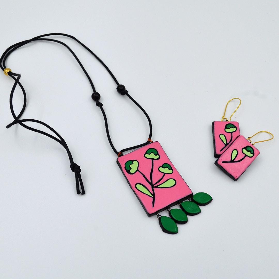 Handmade Pink Clay Jewelry Set Minimalist Rectangle Necklace with Flower Leaves Elegant Pink Jewelry