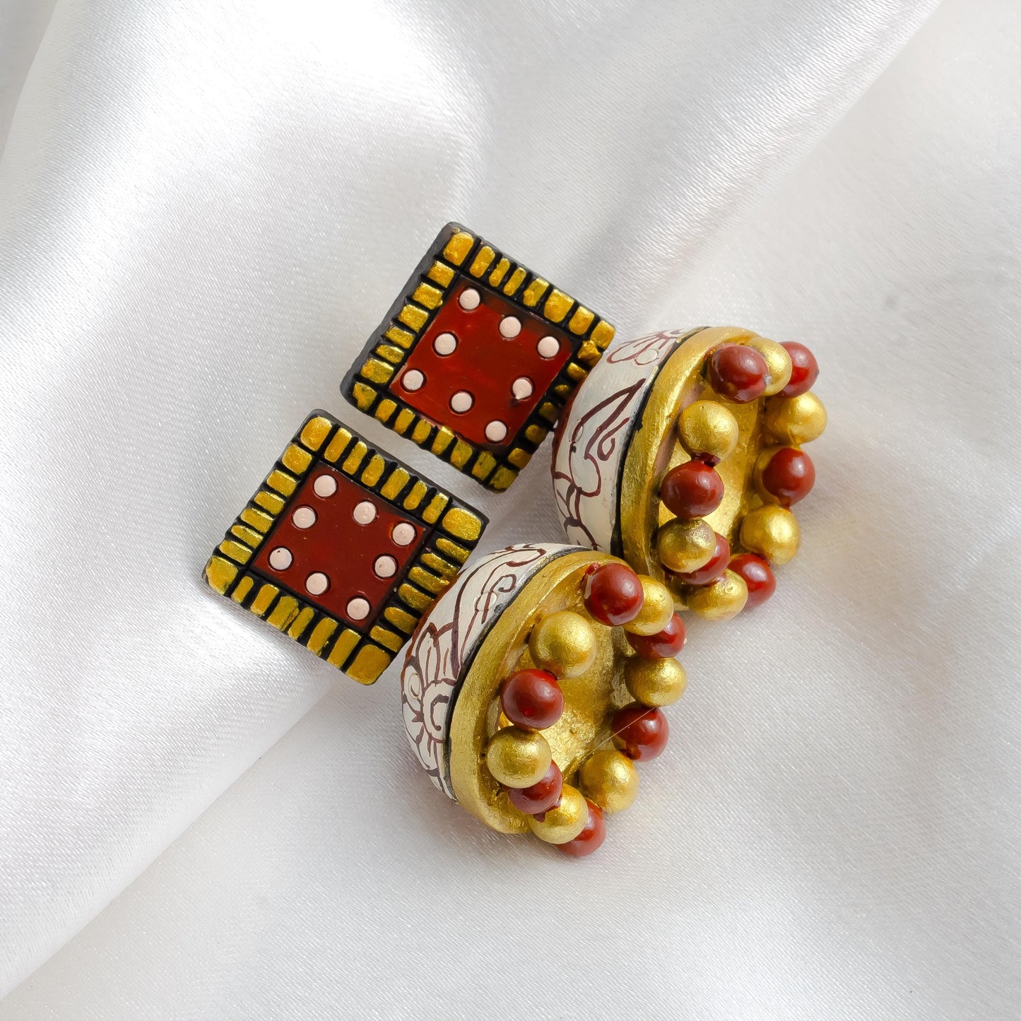 Maroon Clay Earring & Necklace Set – Tile Design Dangle Boho Jewelry | Handmade Jewelry