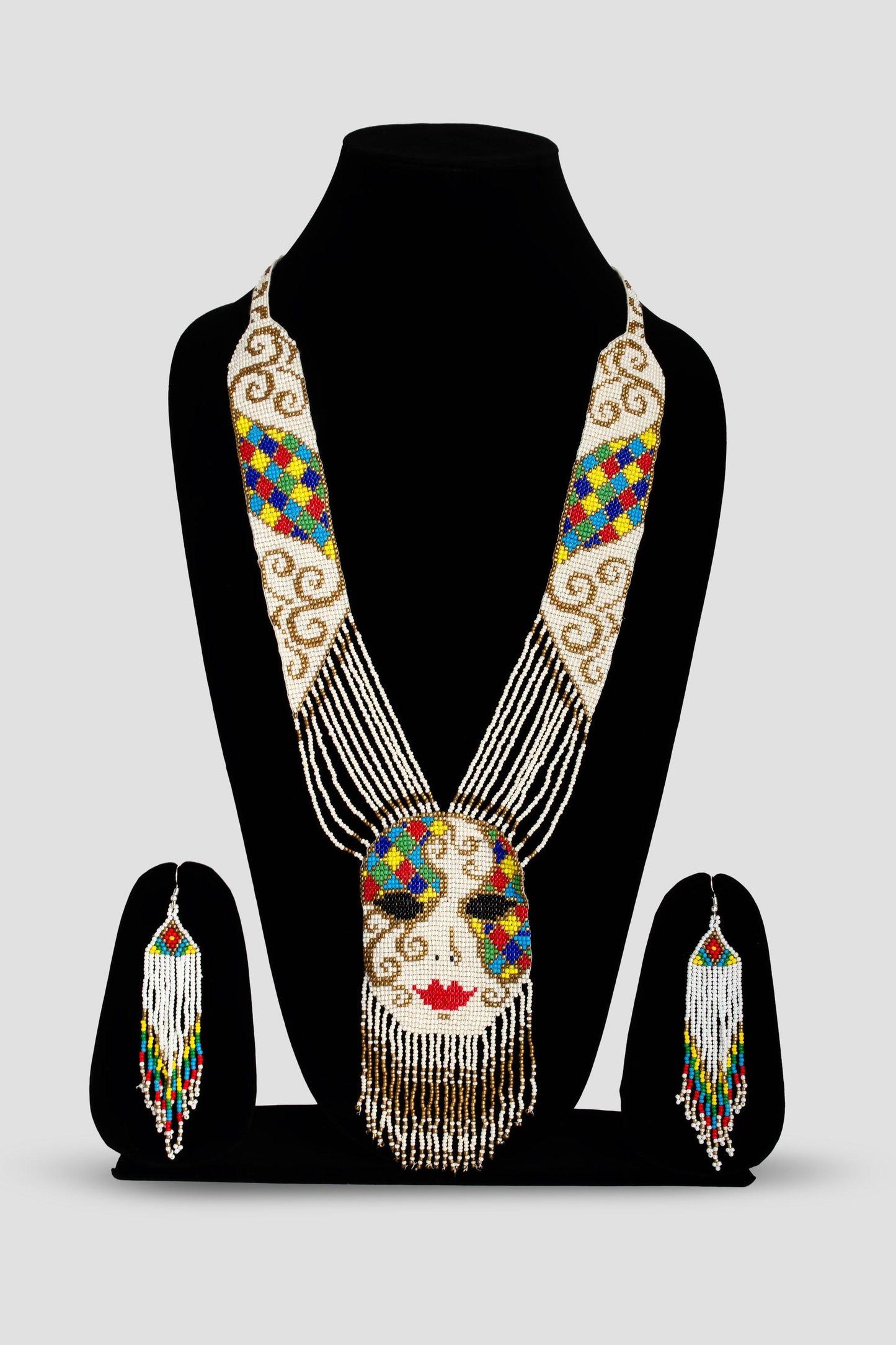 White Beaded Necklace with Abstract Woman Face Design Multicolor Woven Seed Bead Hippie Necklace Wedding Jewelry