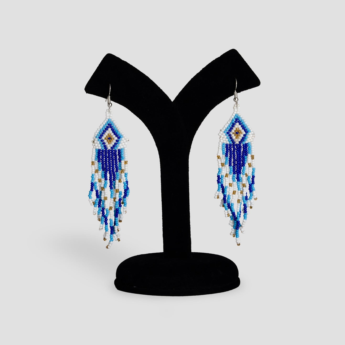 White and Blue Native American Seed Bead Long Necklace – Bohemian Wedding Necklace with Fringe Earrings